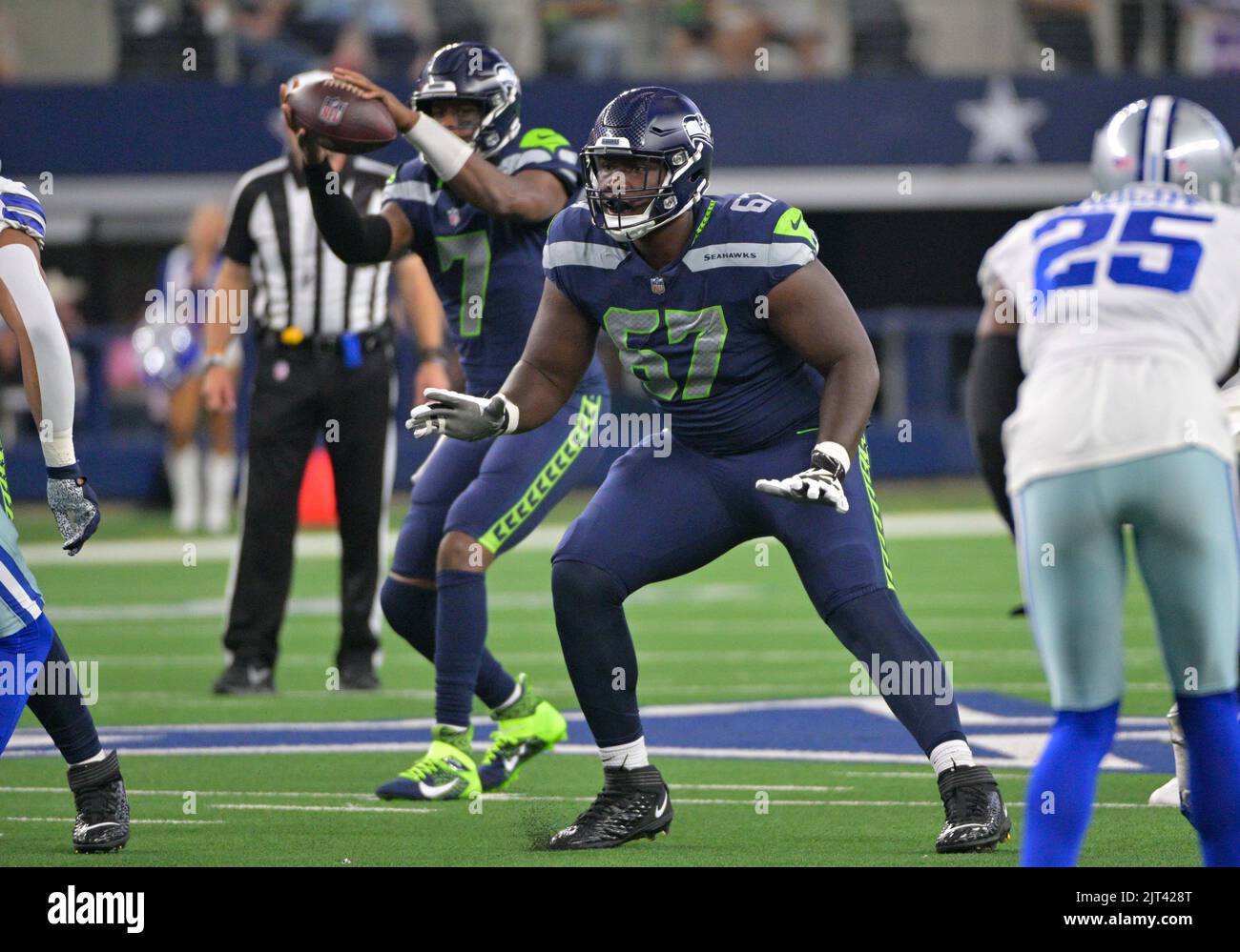 Seattle Seahawks offensive tackle Charles Cross (67) during an NFL football  game against the Denver Broncos, Monday, Sept. 12, 2022, in Seattle, WA.  The Seahawks defeated the Bears 17-16. (AP Photo/Ben VanHouten