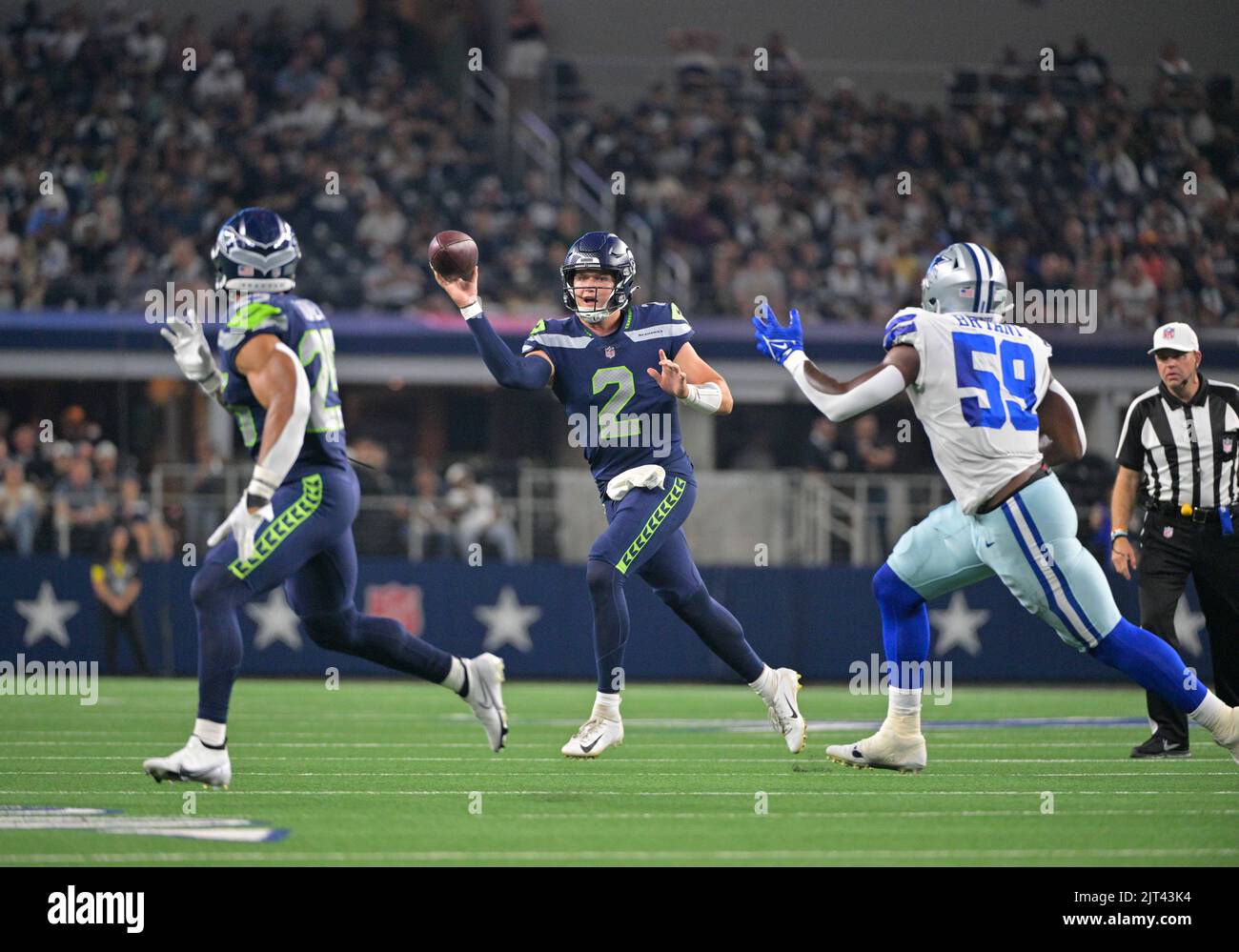 Seattle Seahawks quarterback Drew Lock (2) throws the ball during the NFL  football team's training camp, Thursday, July 27, 2023, in Renton, Wash.  (AP Photo/Lindsey Wasson Stock Photo - Alamy