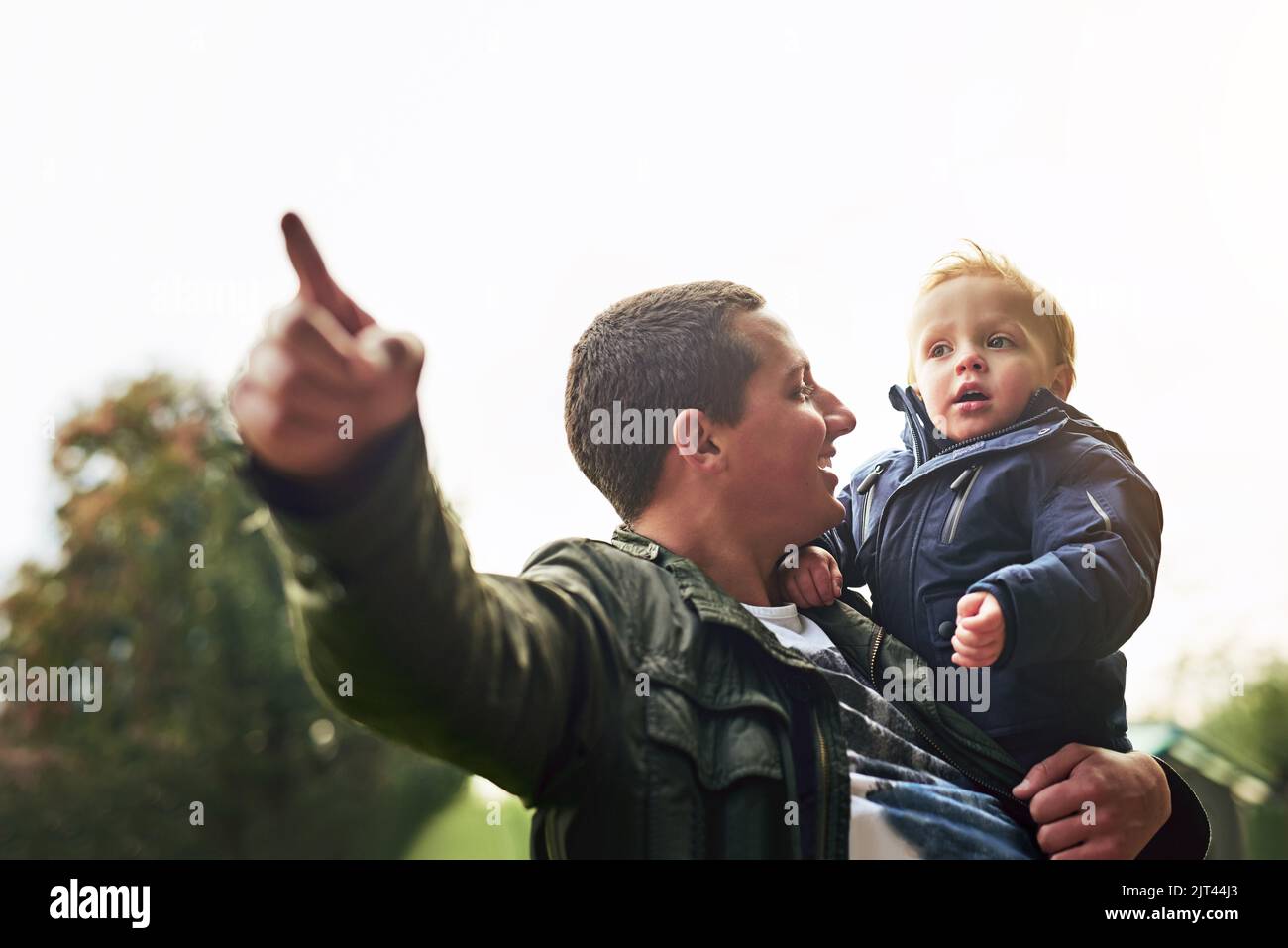 Theyre off to make some memories. a father bonding with his son outside. Stock Photo