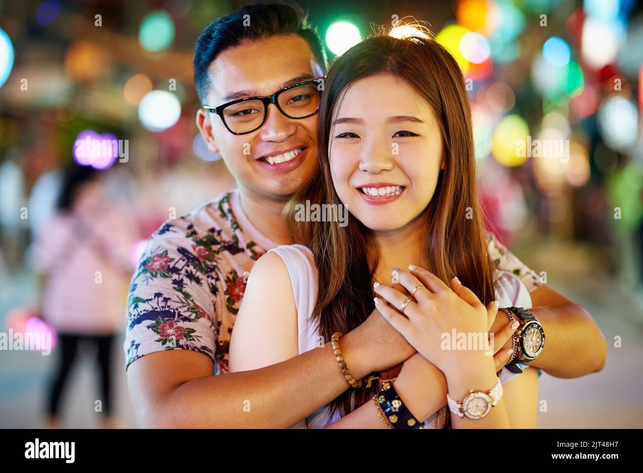 Theyre the cutest couple. a happy young couple spending the night out in the city. Stock Photo
