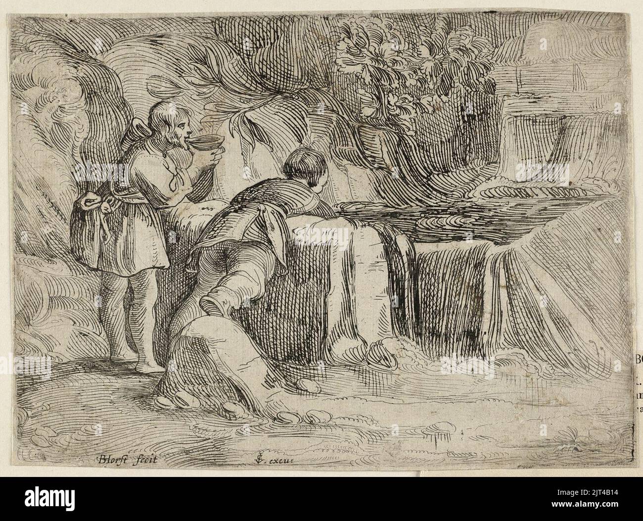 Twee mannen bij een bron in de rotsen. De een drinkt uit een nap, de ander, op de rug gezien, buigt zich voorover om water te scheppen uit de bron. Stock Photo