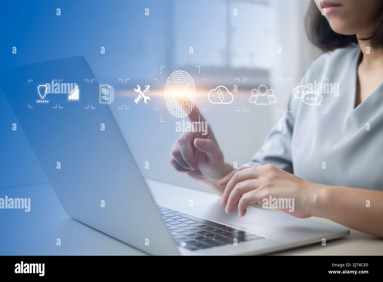 Person touching virtual screen to scan fingerprints, digital