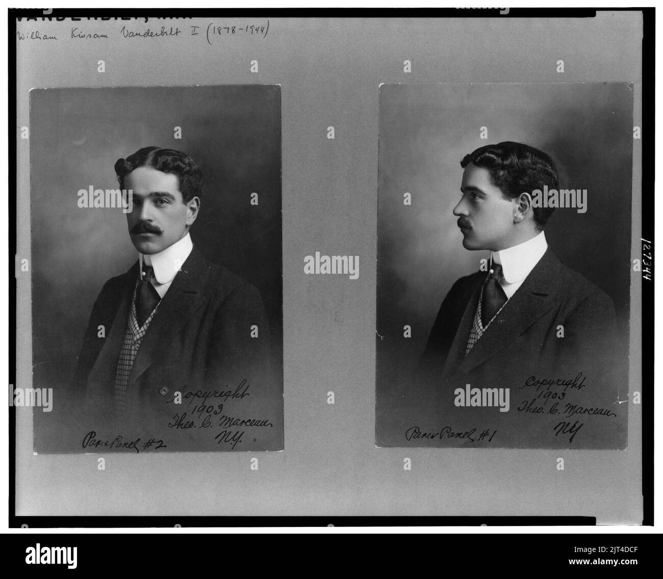 Two head-and-shoulders portraits of William Kissam Vanderbilt, facing slightly left and facing left Stock Photo