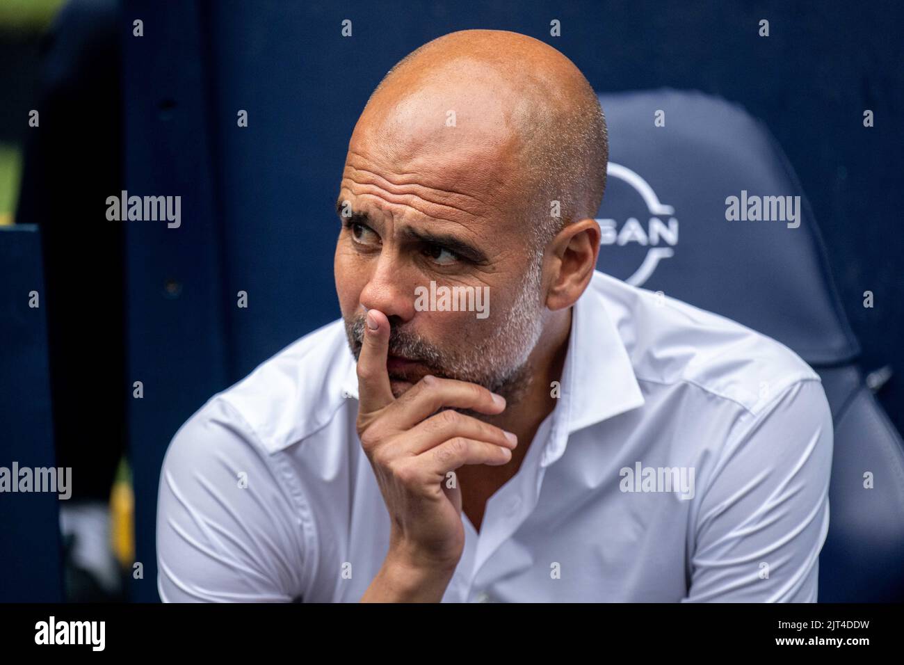 MANCHESTER, ENGLAND - AUGUST 27: Pep Guardiola during the Premier League match between Manchester City and Crystal Palace at Etihad Stadium on August Stock Photo