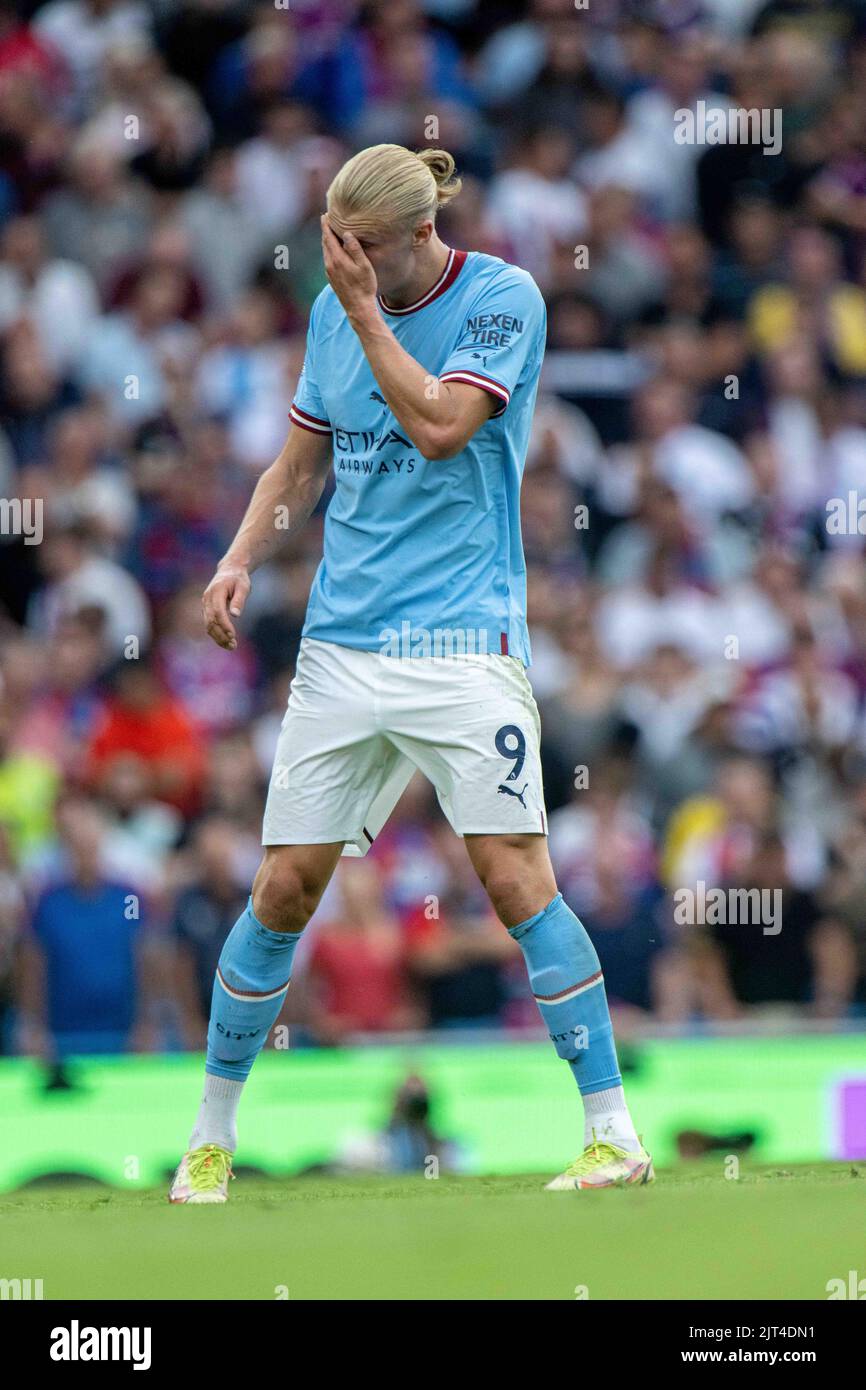 MANCHESTER, ENGLAND - AUGUST 27: Erling Haaland during the Premier League match between Manchester City and Crystal Palace at Etihad Stadium on August Stock Photo