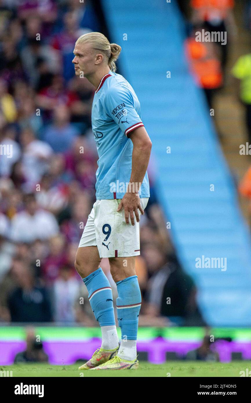 MANCHESTER, ENGLAND - AUGUST 27: Erling Haaland during the Premier League match between Manchester City and Crystal Palace at Etihad Stadium on August Stock Photo