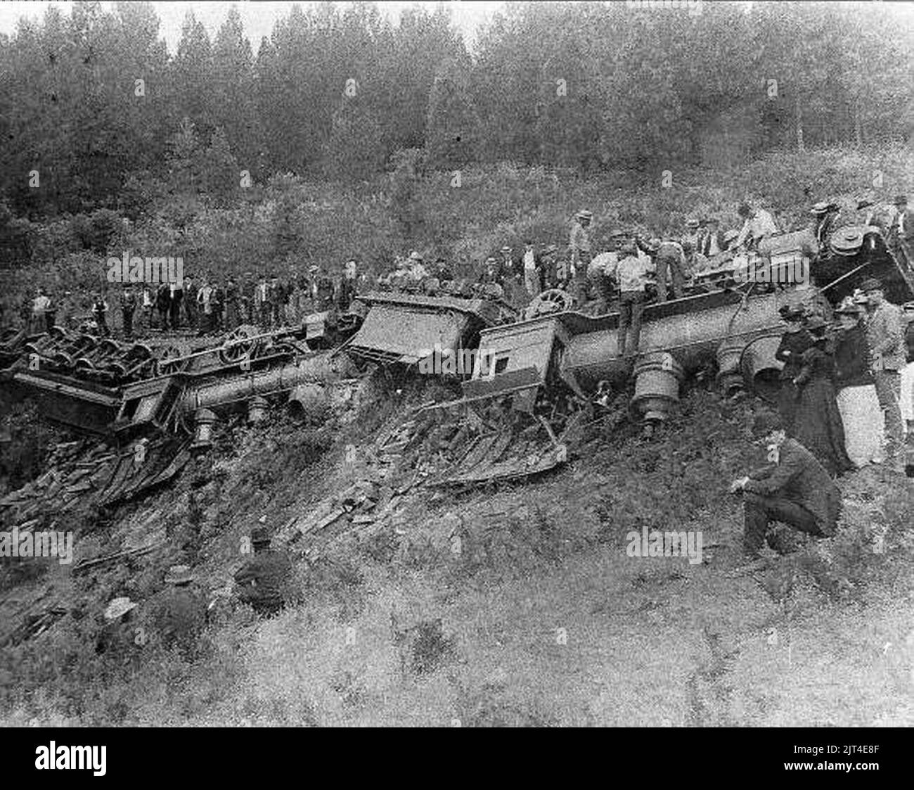 Two men were killed on Sept. 5, 1893, when a circus train fell off the tracks of the Nevada County Narrow Gauge Railroad, but horses, lions and bears remained in the cars and were unharmed. Stock Photo