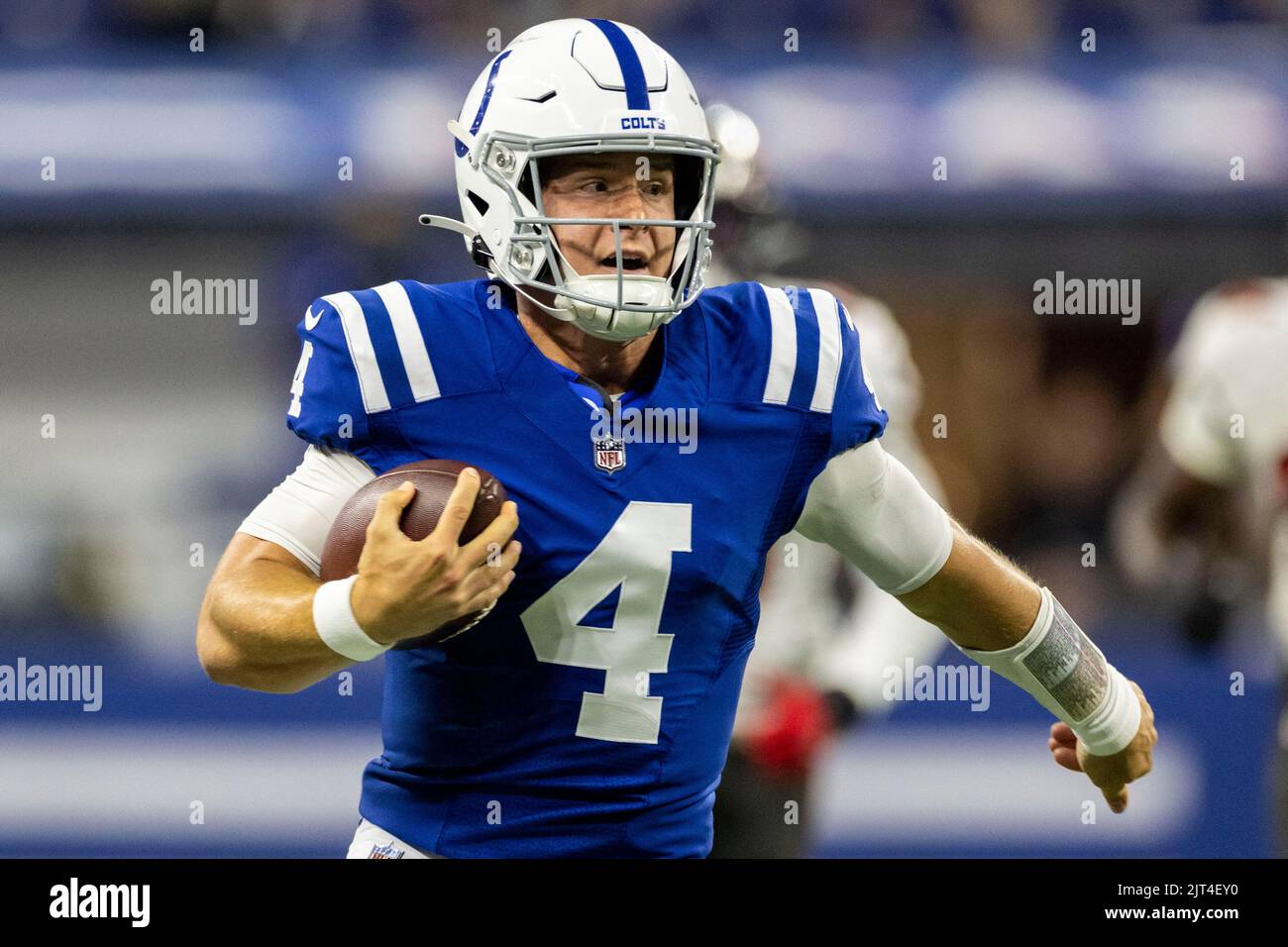 August 27, 2022: Indianapolis Colts quarterback Sam Ehlinger (4) sets in  the pocket during NFL football preseason game action between the Tampa Bay  Buccaneers and the Indianapolis Colts at Lucas Oil Stadium