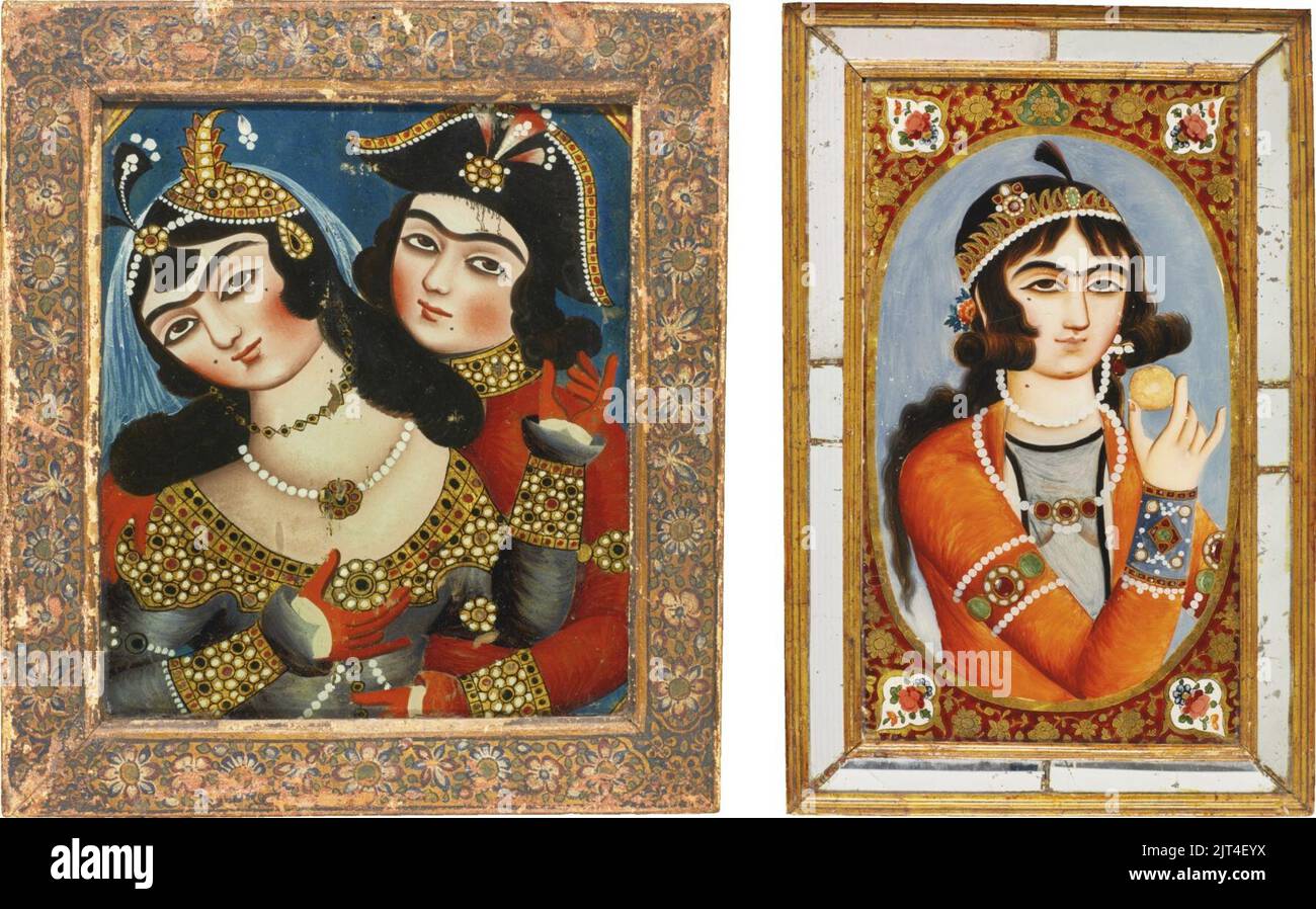 https://c8.alamy.com/comp/2JT4EYX/two-reverse-glass-paintings-a-persian-maiden-and-an-officer-with-a-persian-maiden-persia-qajar-19th-century-2JT4EYX.jpg