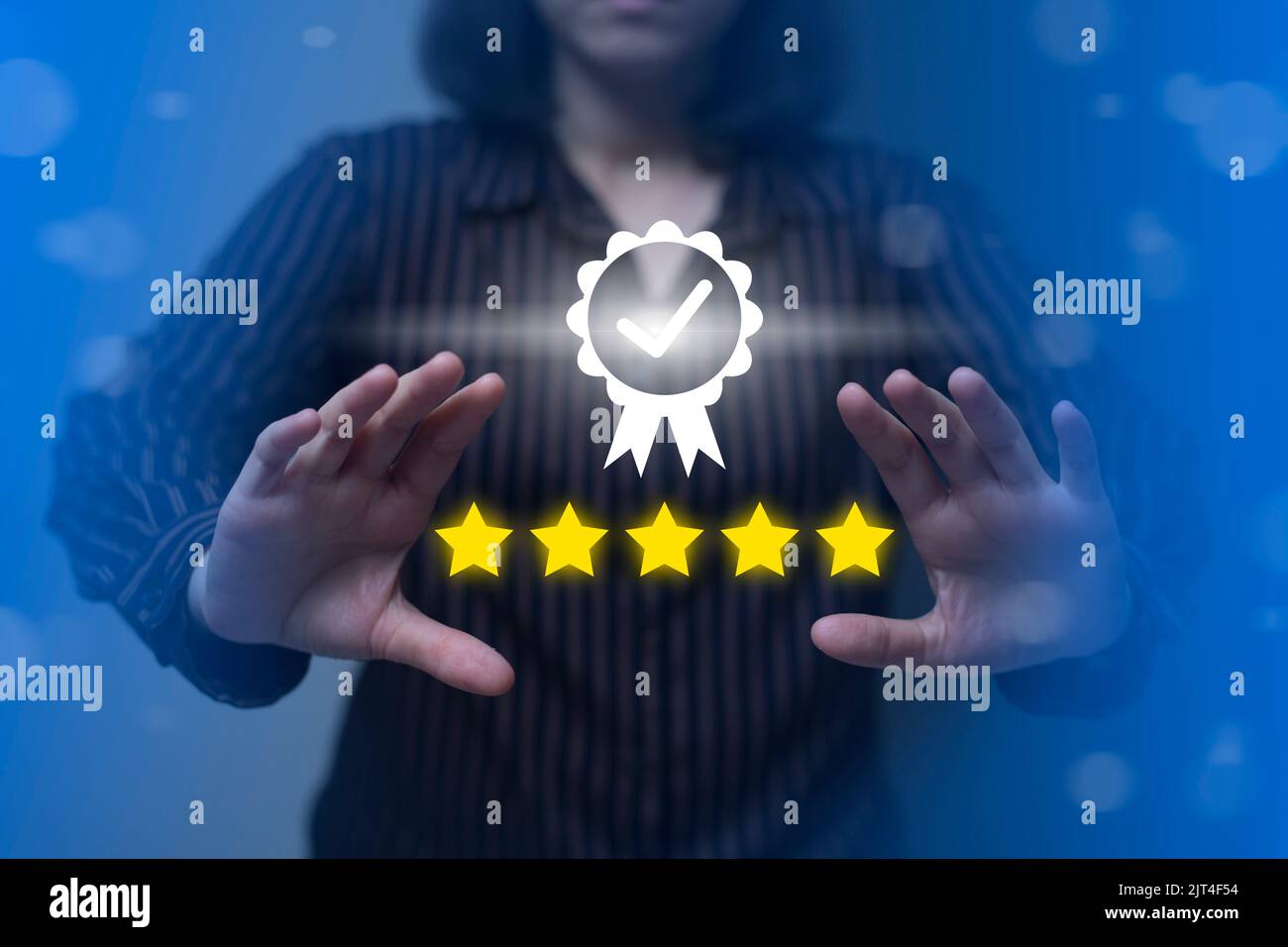 Businesswoman showing sign of leading service, 5 star quality assurance, warranty 