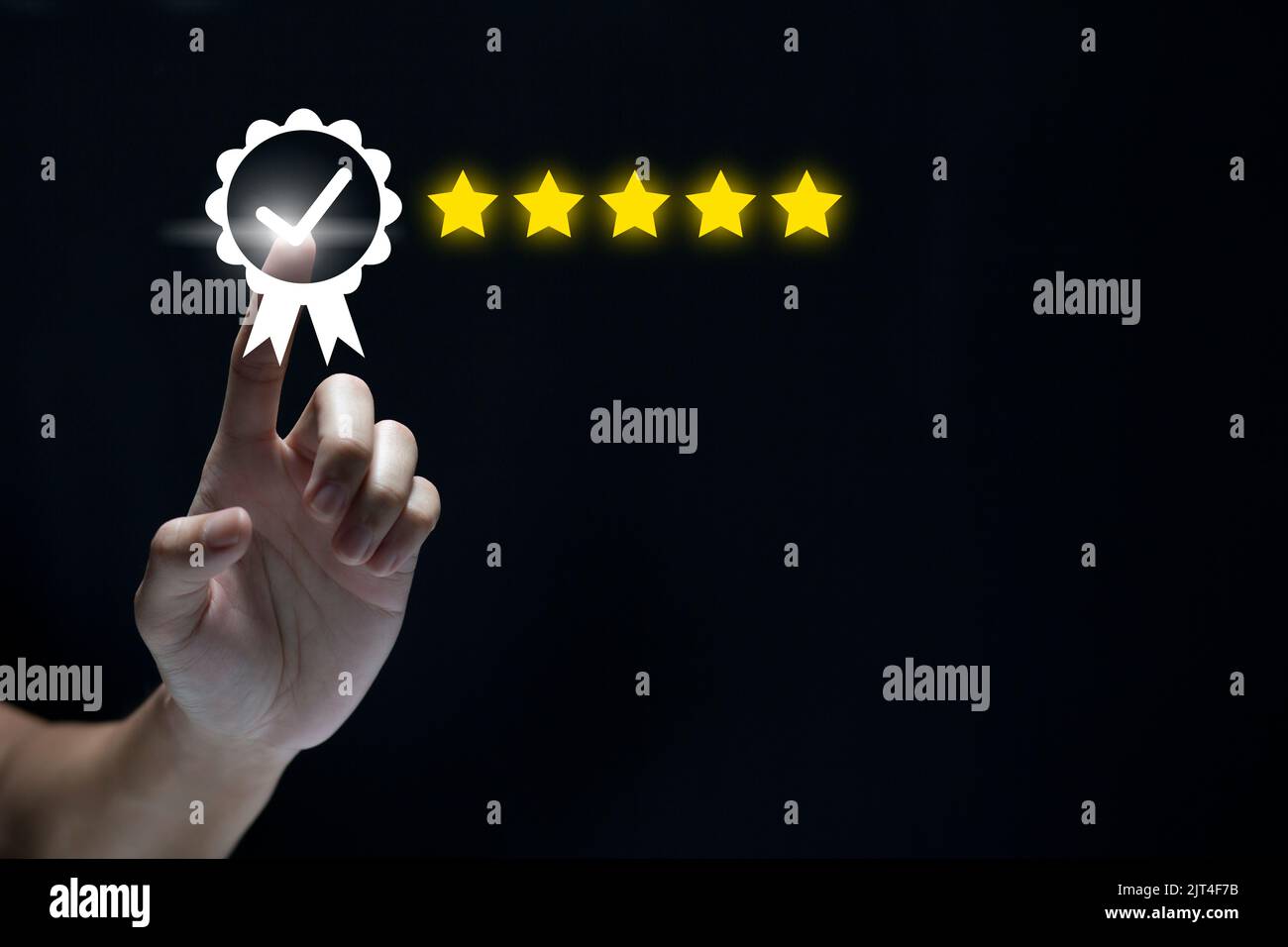 Businessman showing sign of leading service, 5 star quality assurance, warranty, standardization 