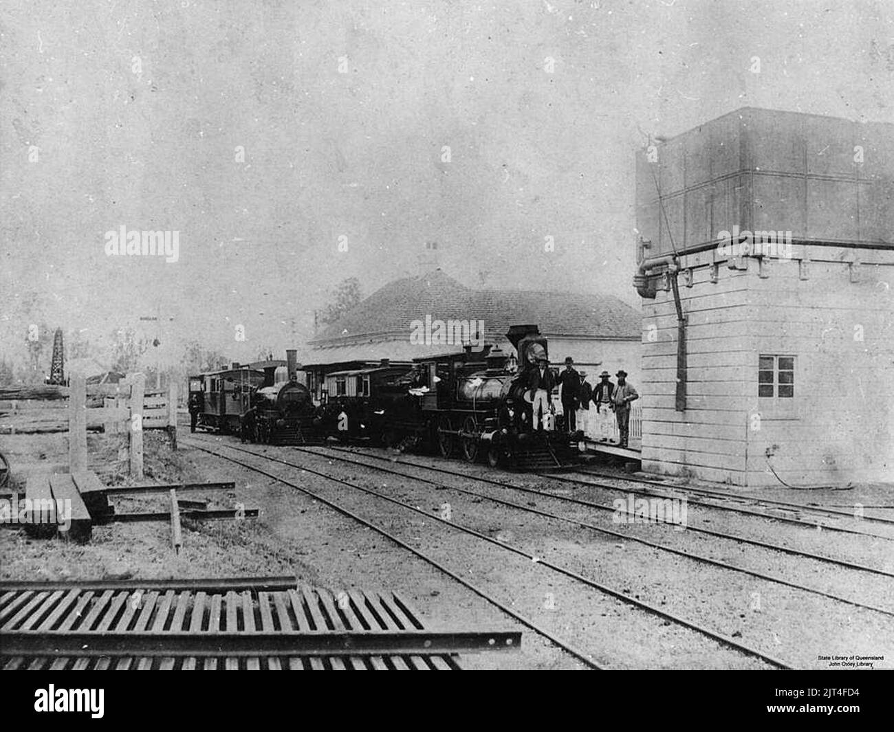 Two steam engines at Grandchester, Queensland, Railway Station, around 1884. Stock Photo