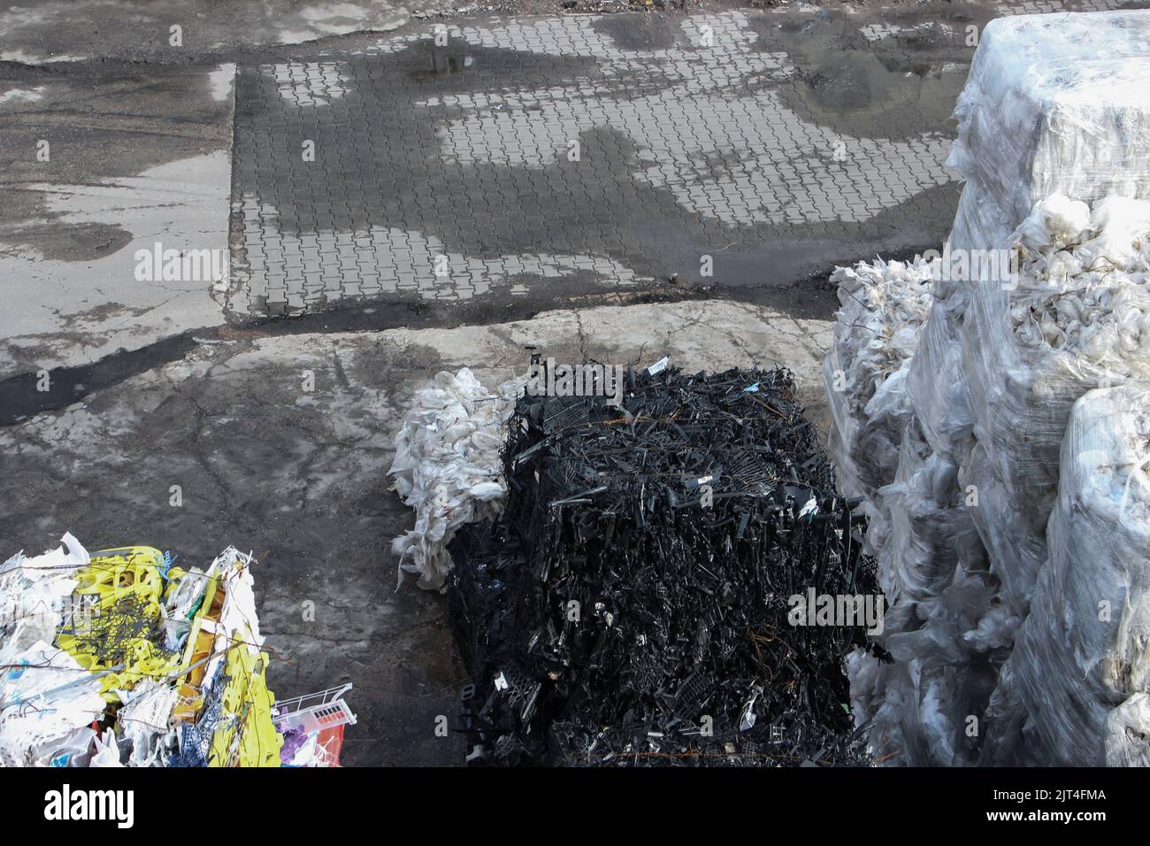 The outside of garbage disposal plant, Berlin, Germany. There are many cubes of garbage in image. Stock Photo