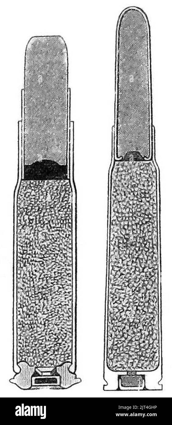 Twopiece rimmed and soliddrawn rimless Mauser cartridges Stock Photo