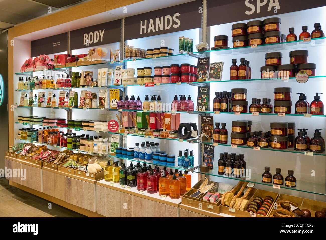 SINGAPORE - CIRCA JANUARY, 2020: personal care products on display at The Body Shop in Changi Airport. Stock Photo