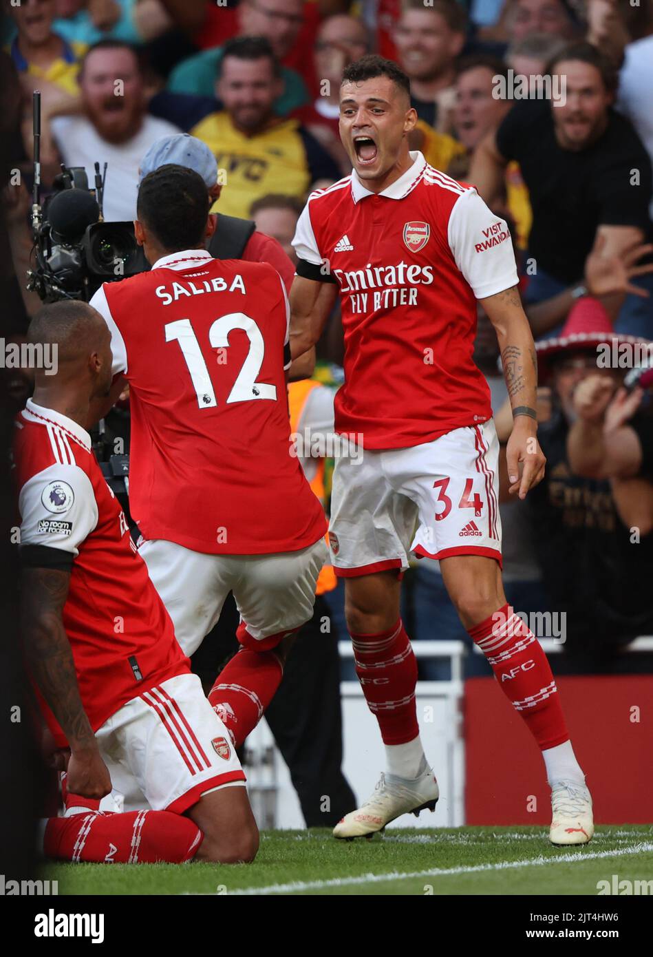 London, UK. 27th Aug, 2022. Granit Xhaka (A) celebrates after Gabriel