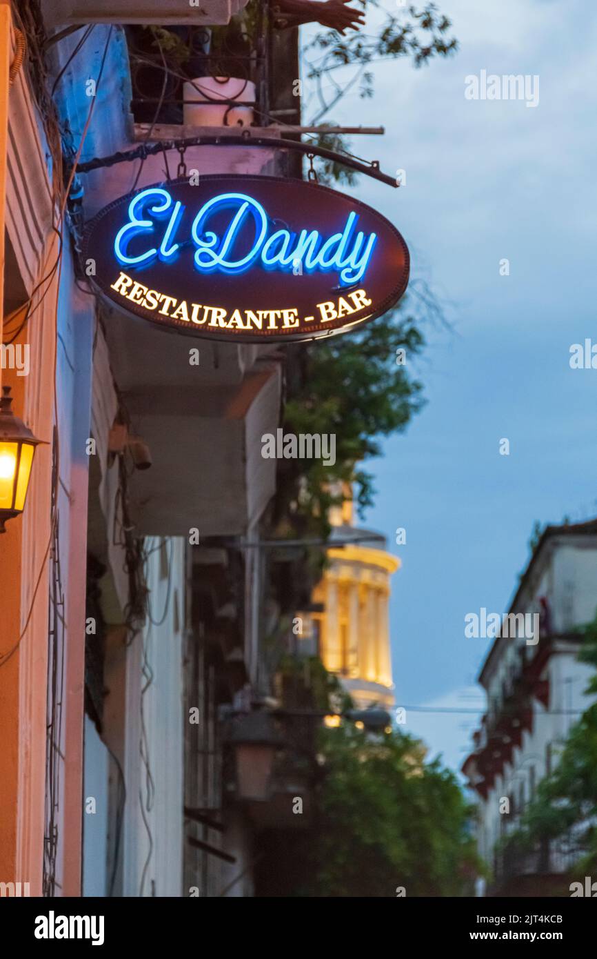 A sign for the restaurant/bar El Dandy, located in down town Havana, Cuba, USA Stock Photo
