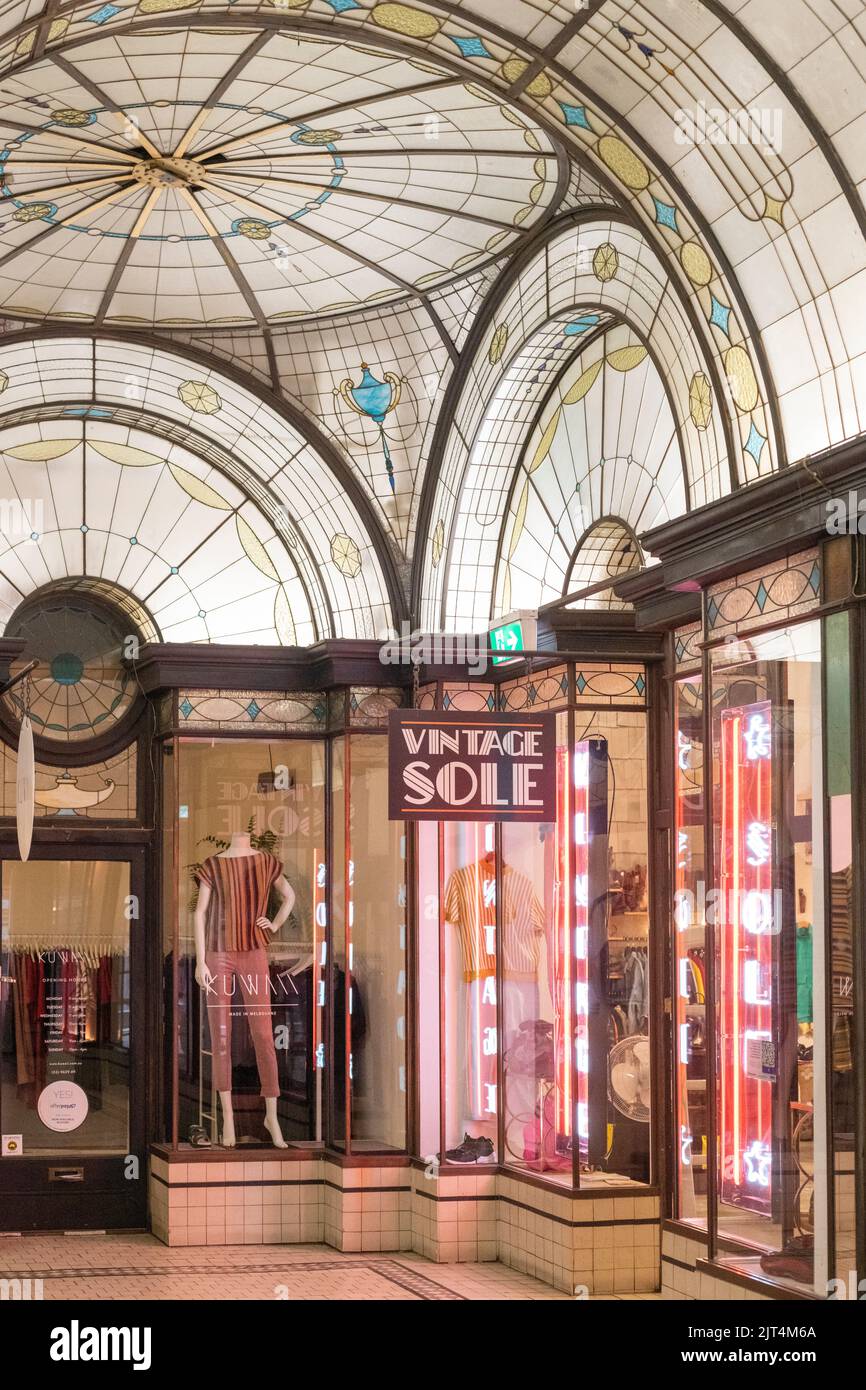 Inside Melbourne's Cathedral Arcade, a historic shopping arcade dating back to 1925. Stock Photo