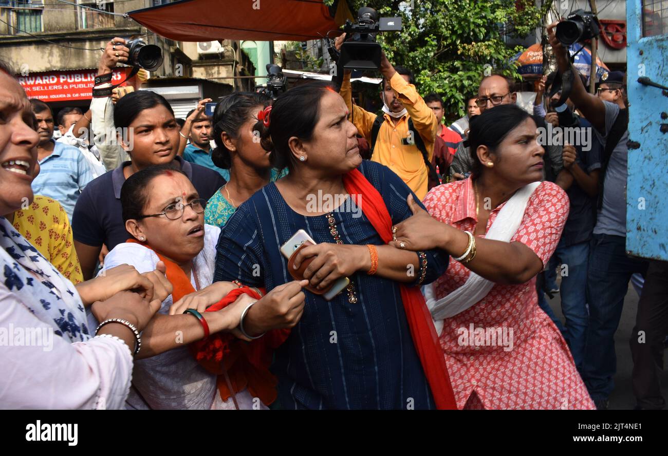 Kolkata, West Bengal, India. 9th Jan, 2019. BJP's protest rally against assault on 8 month pregnant lady by TMC goons. Agnimitra Paul, Tanuja Chakraborty and Priyanka Tibrewal lead the protest. When the marched ahead, clashes broke out with police and they were arrested. (Credit Image: © Sayantan Chakraborty/Pacific Press via ZUMA Press Wire) Stock Photo