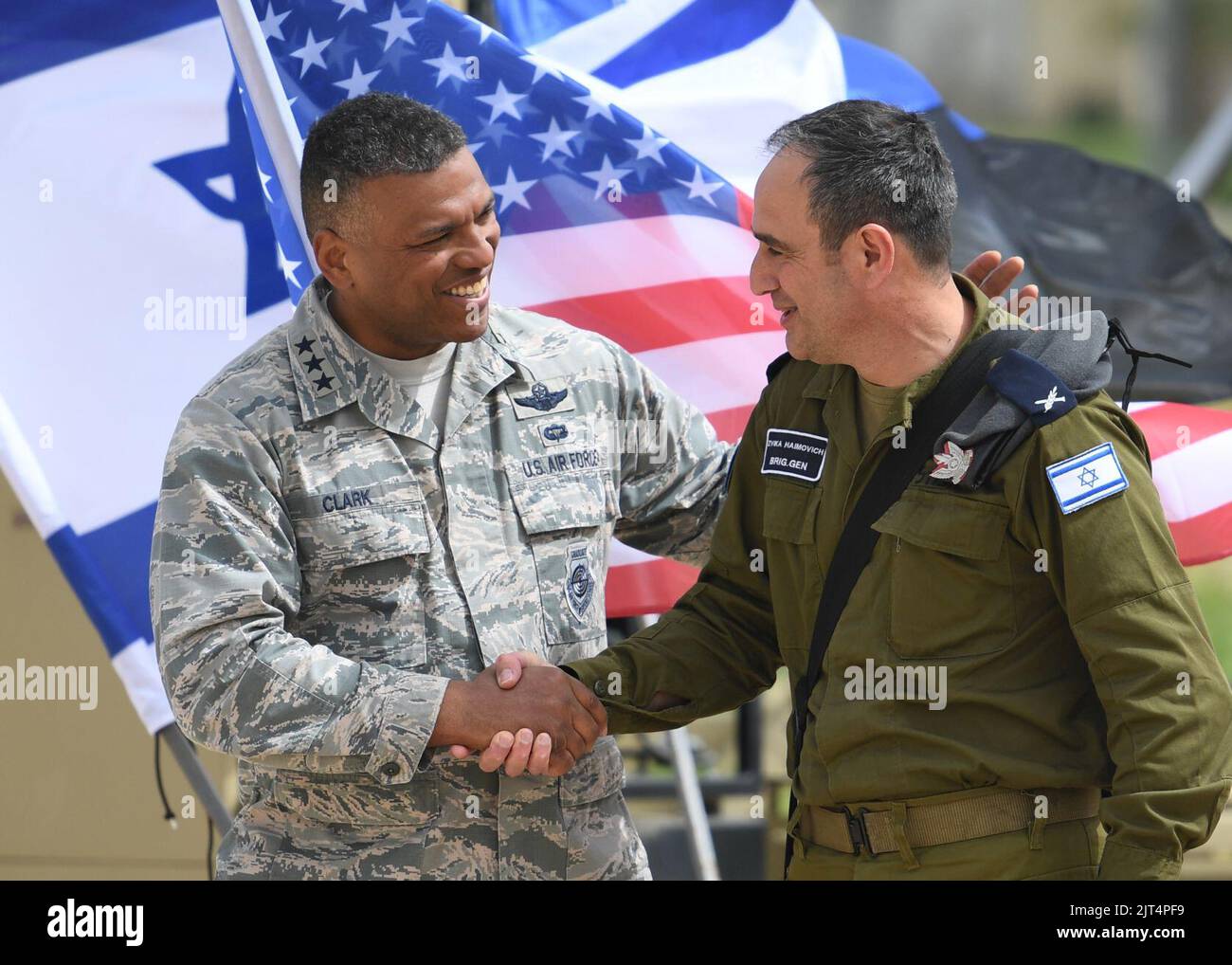U.S. Air Force Lt. Gen. Richard Clark, left, and Israel Defense Force Commander of the Aerial Defense Array Brig. Gen. Zvika Haimovich shake hands during exercise Juniper Cobra 2018. (40712825381). Stock Photo