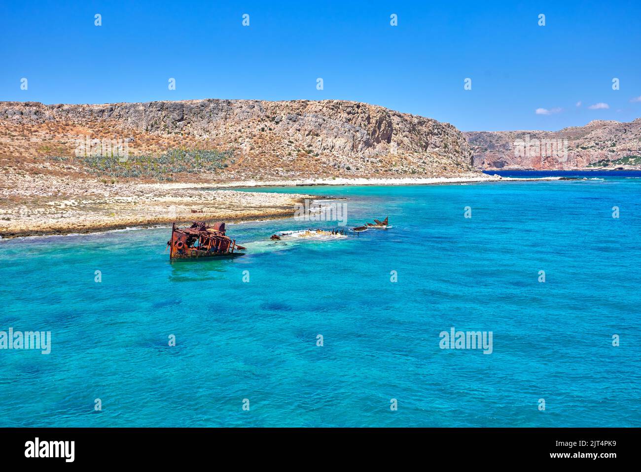 Seaside view to shipwreck at Imeri Gramvousa bay. Crete, Greece Stock Photo