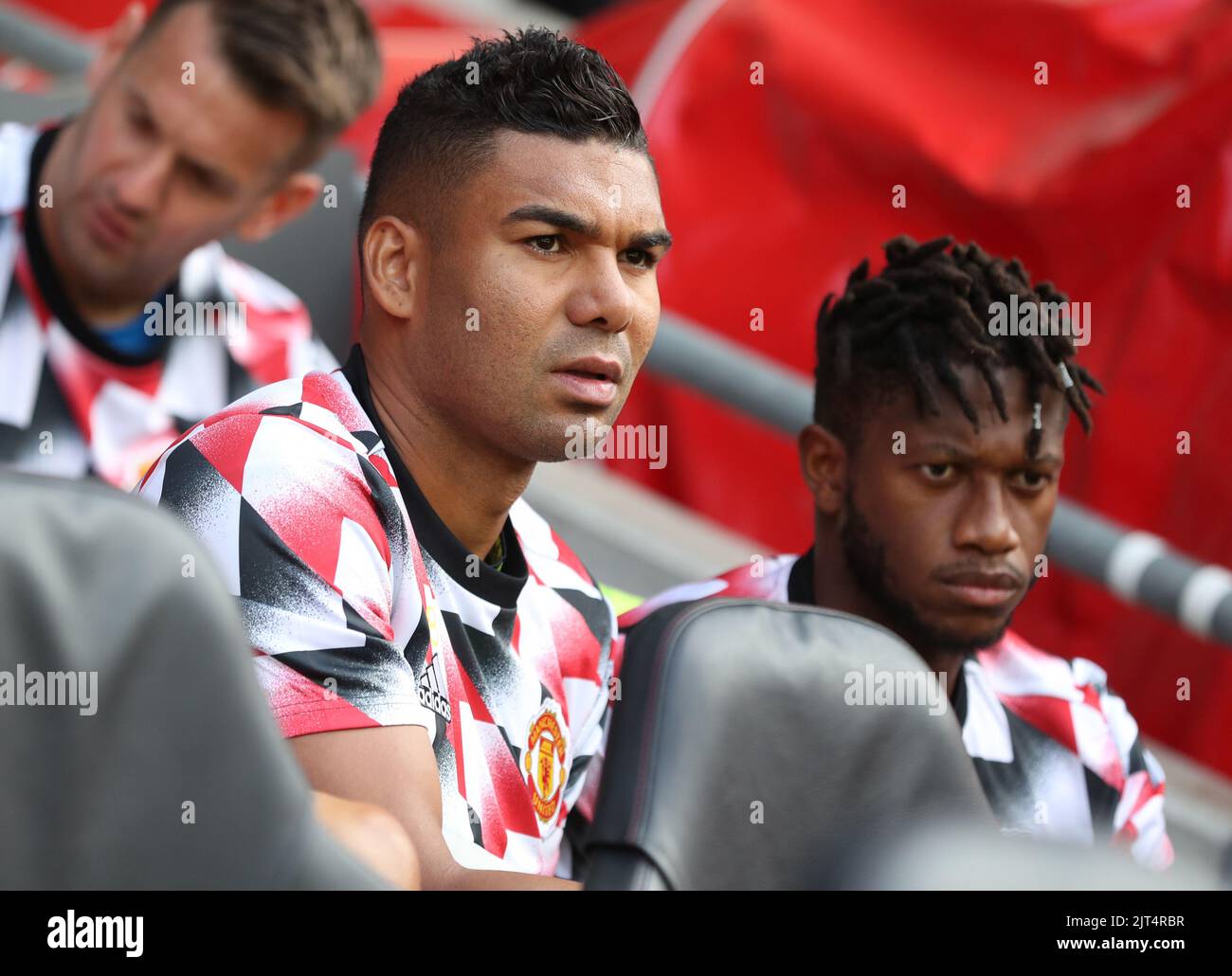 Southampton, England, 27th August 2022. Casemiro of Manchester United sits on the subs bench during the Premier League match at St Mary's Stadium, Southampton. Picture credit should read: Paul Terry / Sportimage Stock Photo