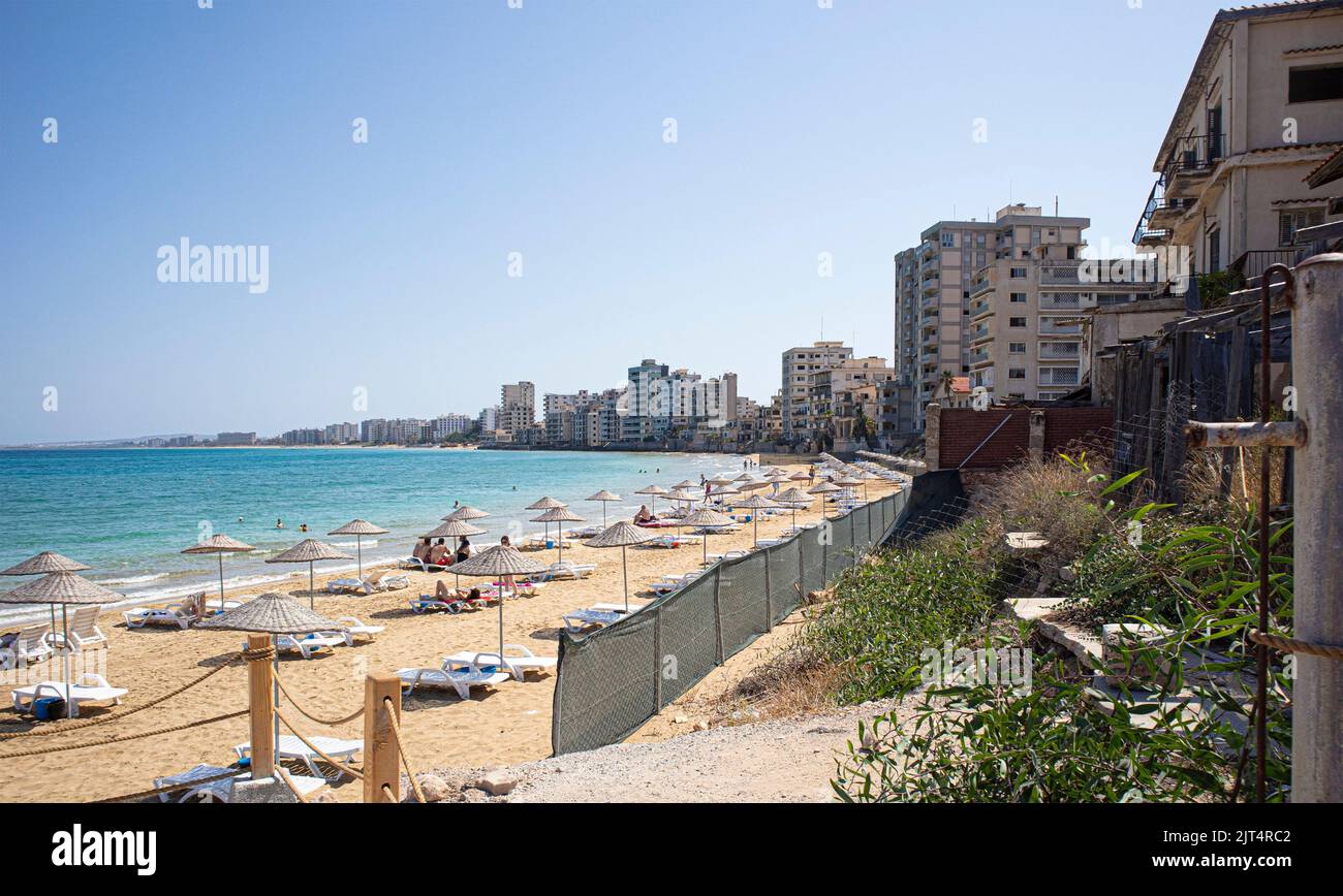 Varosha, Cyprus - August 23, 2022 - Abandoned hotels and buildings on the beach the ghost town resort of Varosha, Famagusta, Cyprus Stock Photo