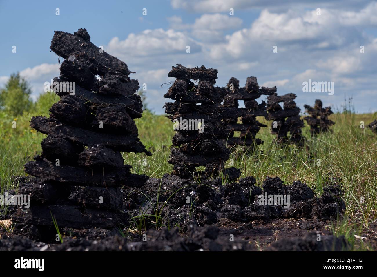 Stacks of turf fossil fuel drying in an Irish bog. Stock Photo