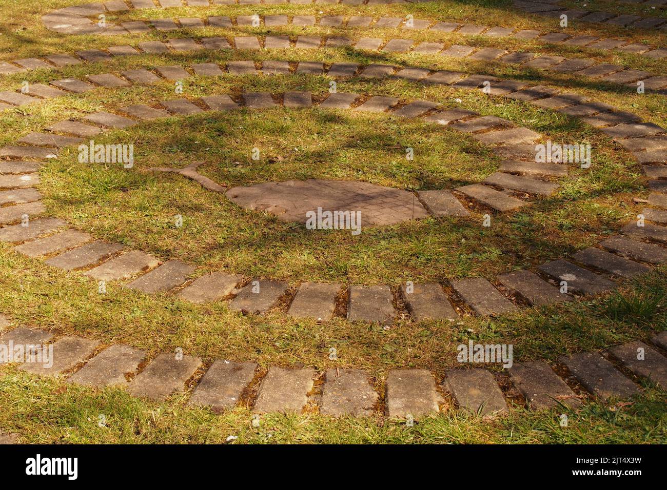 A view of a snake pathway in Brandon Country Park garden, Suffolk, showing the spaced bricks sunk into the lawn, grass. Stock Photo