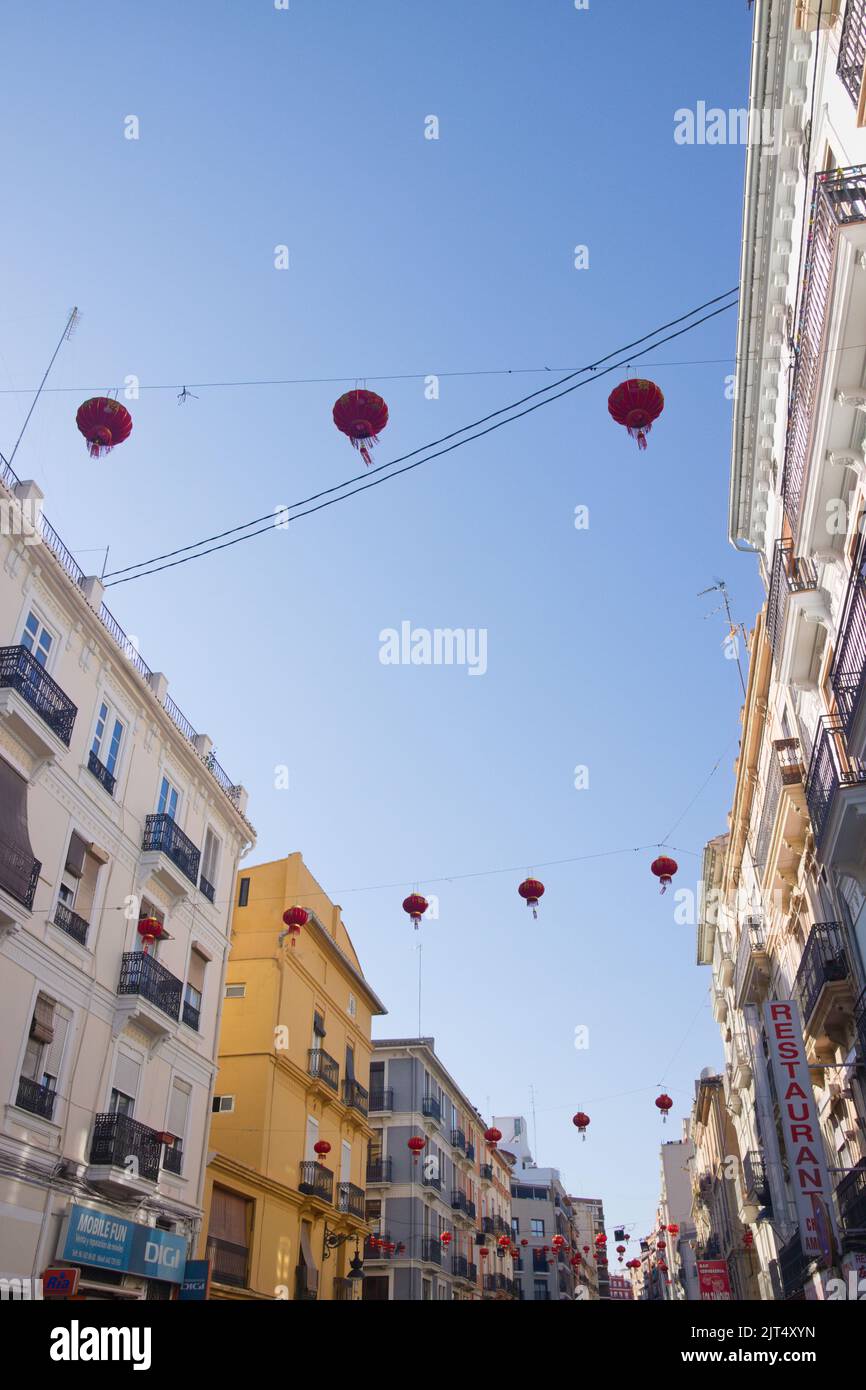 February, 2022. Valencia, Spain. Paper lanterns and oriental style decorations in the Chinatown of Valencia (Spain) for the Chinese New Year celebrati Stock Photo