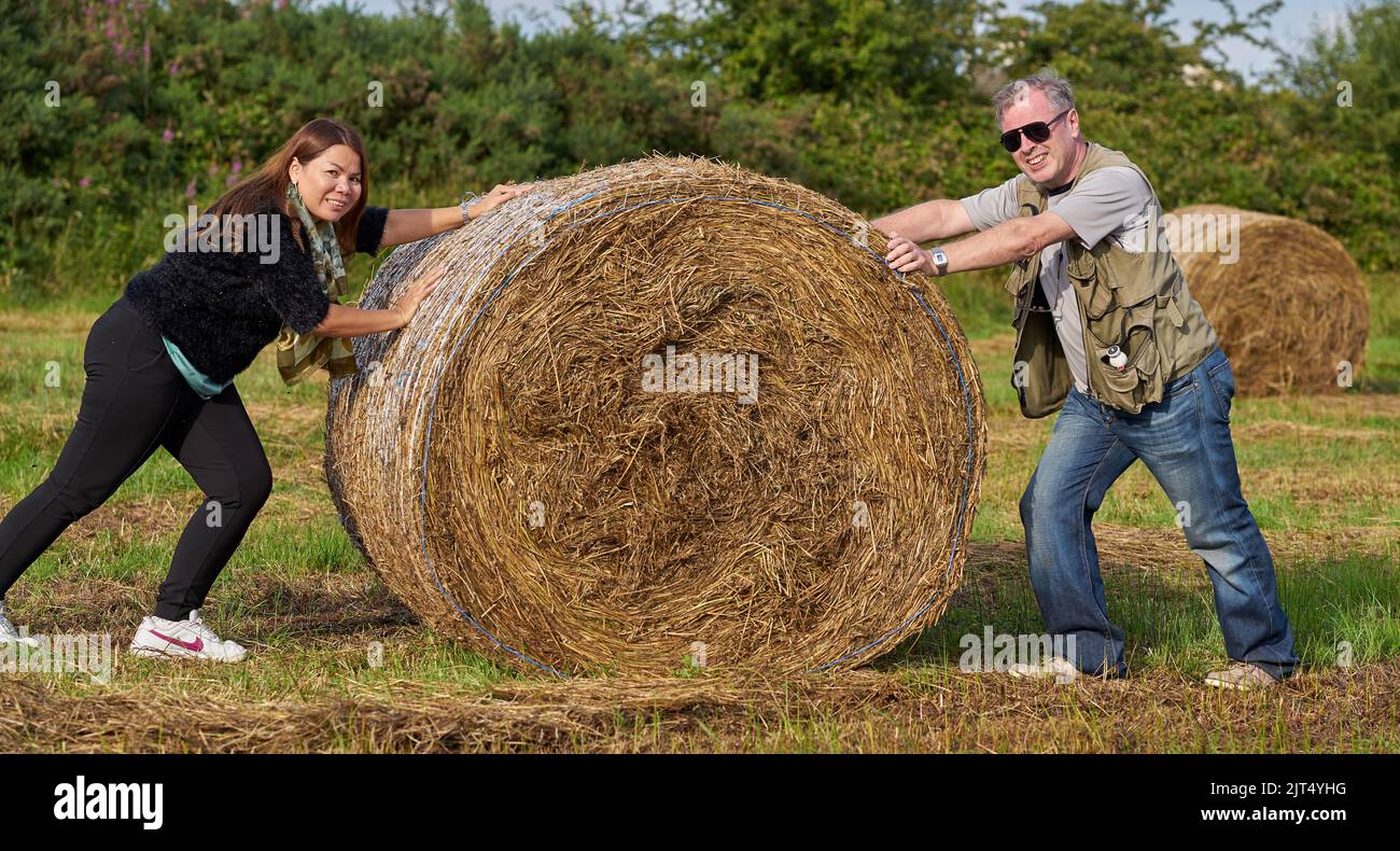 Funny teamwork concept, playing with a large roll of hay in a field, in Ireland. Stock Photo