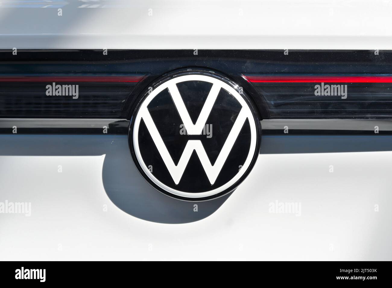 Gdansk, Poland - August 27, 2022: Volkswagen logo of new model of Volkswagen ID.5 presented in the car showroom of Gdansk Stock Photo