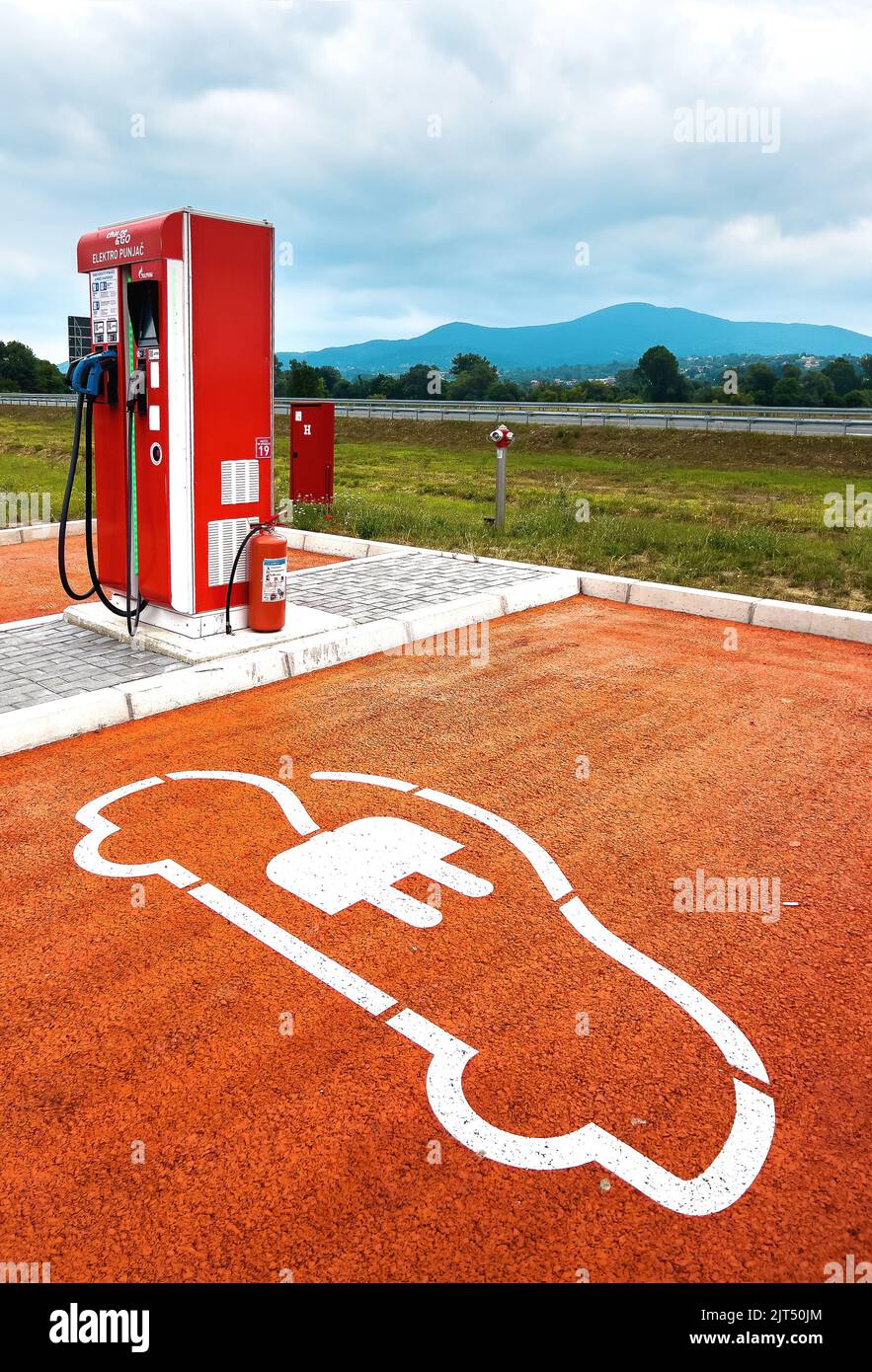 Cacak, Serbia - July 8, 2022: Electric car charging station at Gazprom Petrol station on Milos Veliki highway, editorial image Stock Photo