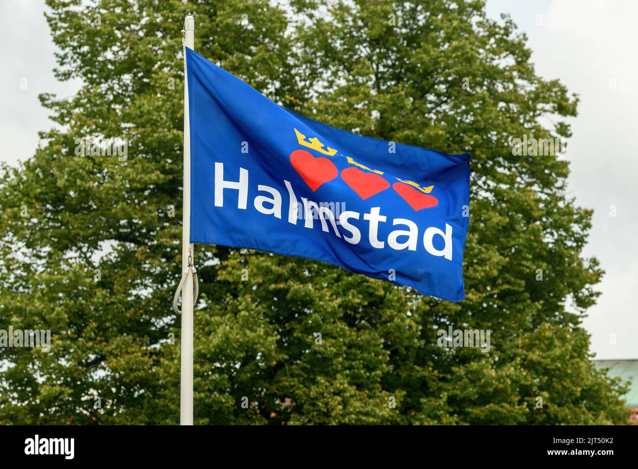 Halmstad, Sweden August 20, 2022 Halmstad city flag with three red