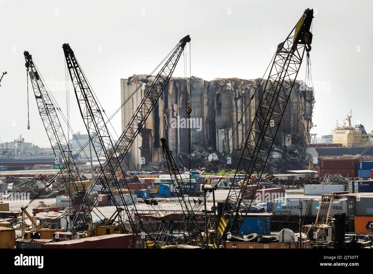 Beirut, Lebanon Destroyed grain silos behind cranes and debris from