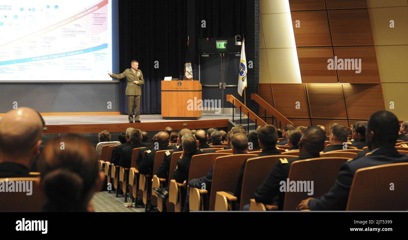 U.S. Marine Corps Lt. Gen. Jon Davis, the deputy commander of U.S. Cyber Command, delivers remarks to students, faculty members and staff members at the U.S. Naval War College in Newport, R.I., during a visit 131112 Stock Photo
