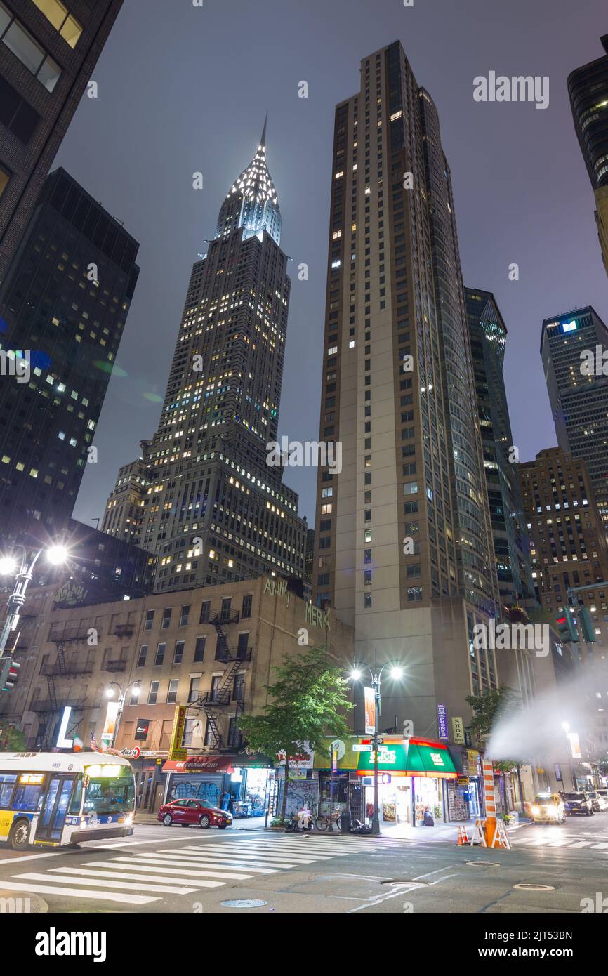 A night-time view of the Chrysler Building in New York City, seen from ...