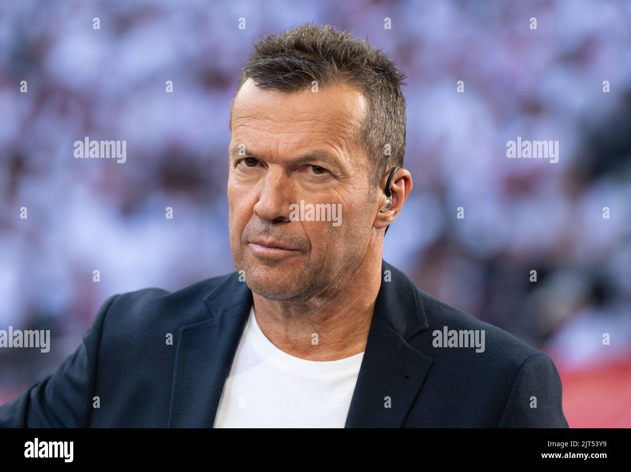 Munich, Germany. 27th Aug, 2022. Soccer: Bundesliga, Bayern Munich - Borussia Mönchengladbach, Matchday 4 at the Allianz Arena. Lothar Matthäus, TV expert, comes to the stadium before the match. Credit: Sven Hoppe/dpa - IMPORTANT NOTE: In accordance with the requirements of the DFL Deutsche Fußball Liga and the DFB Deutscher Fußball-Bund, it is prohibited to use or have used photographs taken in the stadium and/or of the match in the form of sequence pictures and/or video-like photo series./dpa/Alamy Live News Stock Photo