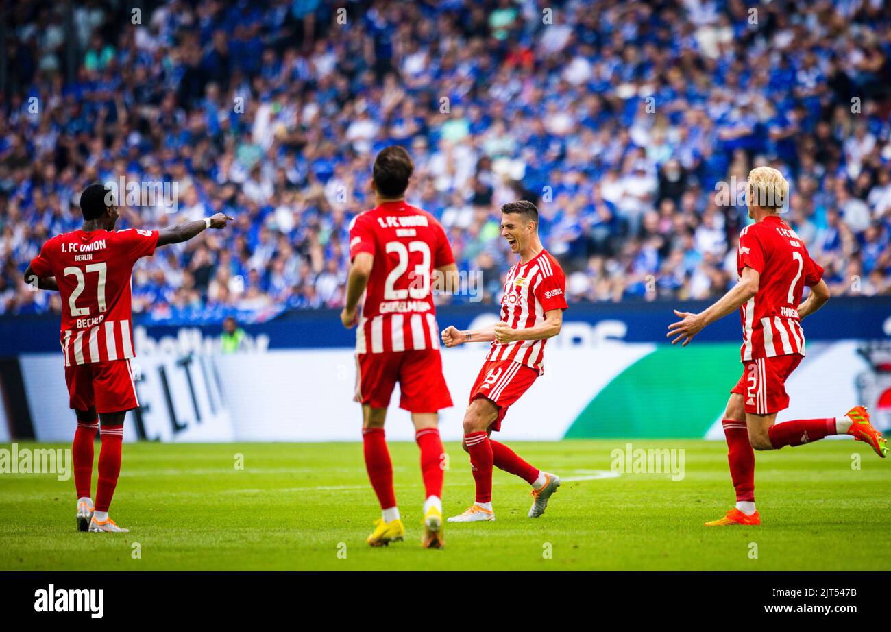 Torjubel: Union’s Sheraldo Becker, Union’s Niko Giesselmann, Union’s Janik Haberer, Union's Morten Thorsby FC Schalke 04 - Union Berlin 27.08.2022, Fu Stock Photo