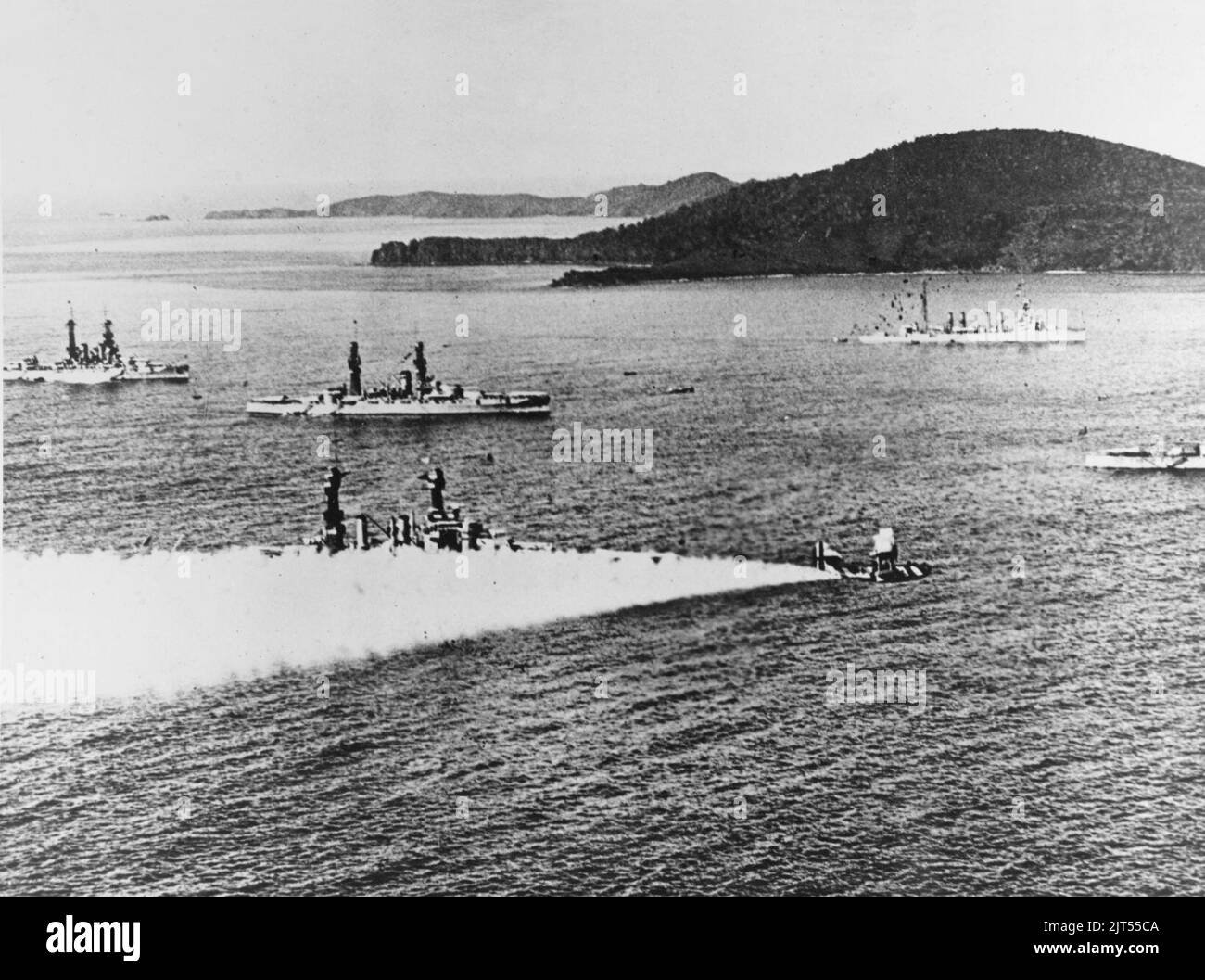 U.S. Navy battleships and a cruiser during maneuvers in the Caribbean