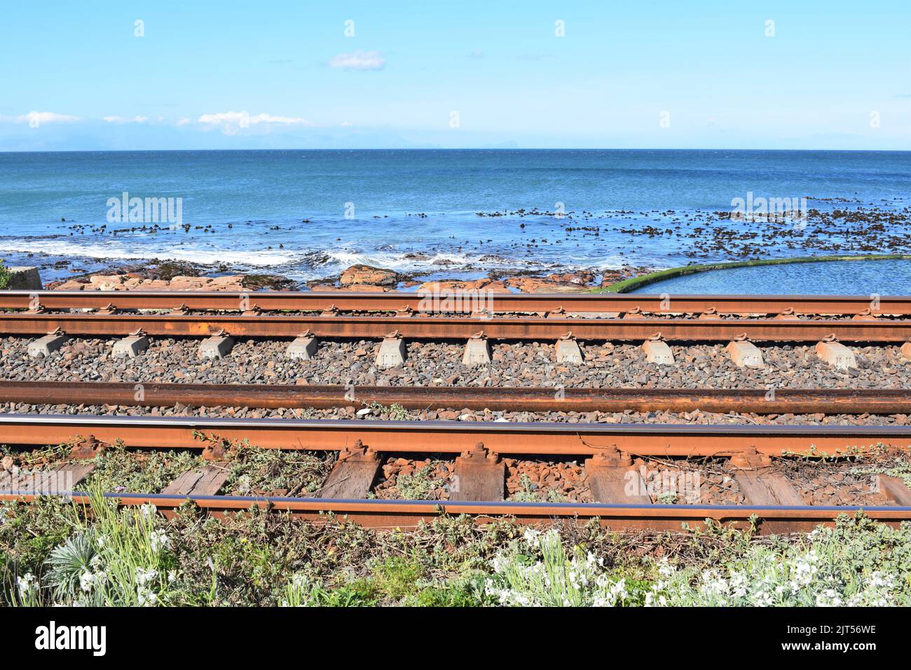 A rusty colored railway between the earth and the sea, dividing the green grass and the green algae and kelp Stock Photo