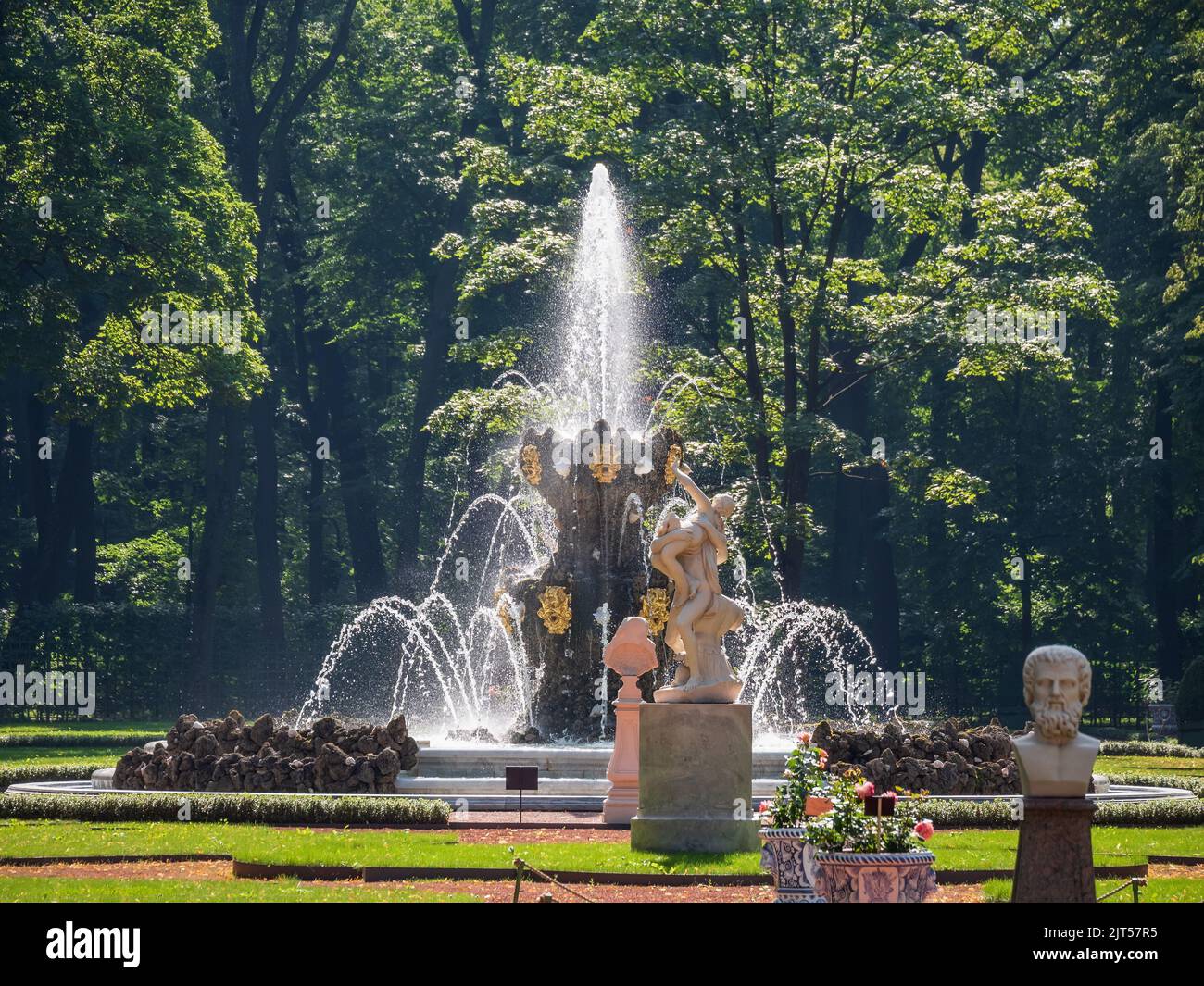 Crown fountain built in the 18th century in the Summer Garden near the Field of Mars in Saint Petersburg. Stock Photo