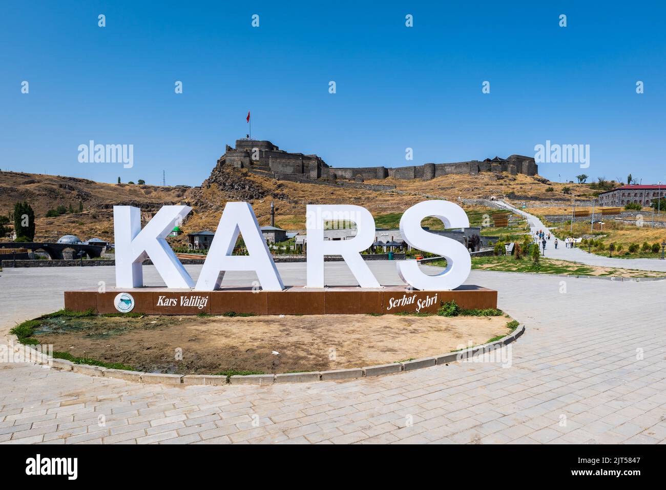 Kars, Turkey - August 2022: Kars Castle and monument for tourists in the center of Kars, Turkey. Stock Photo
