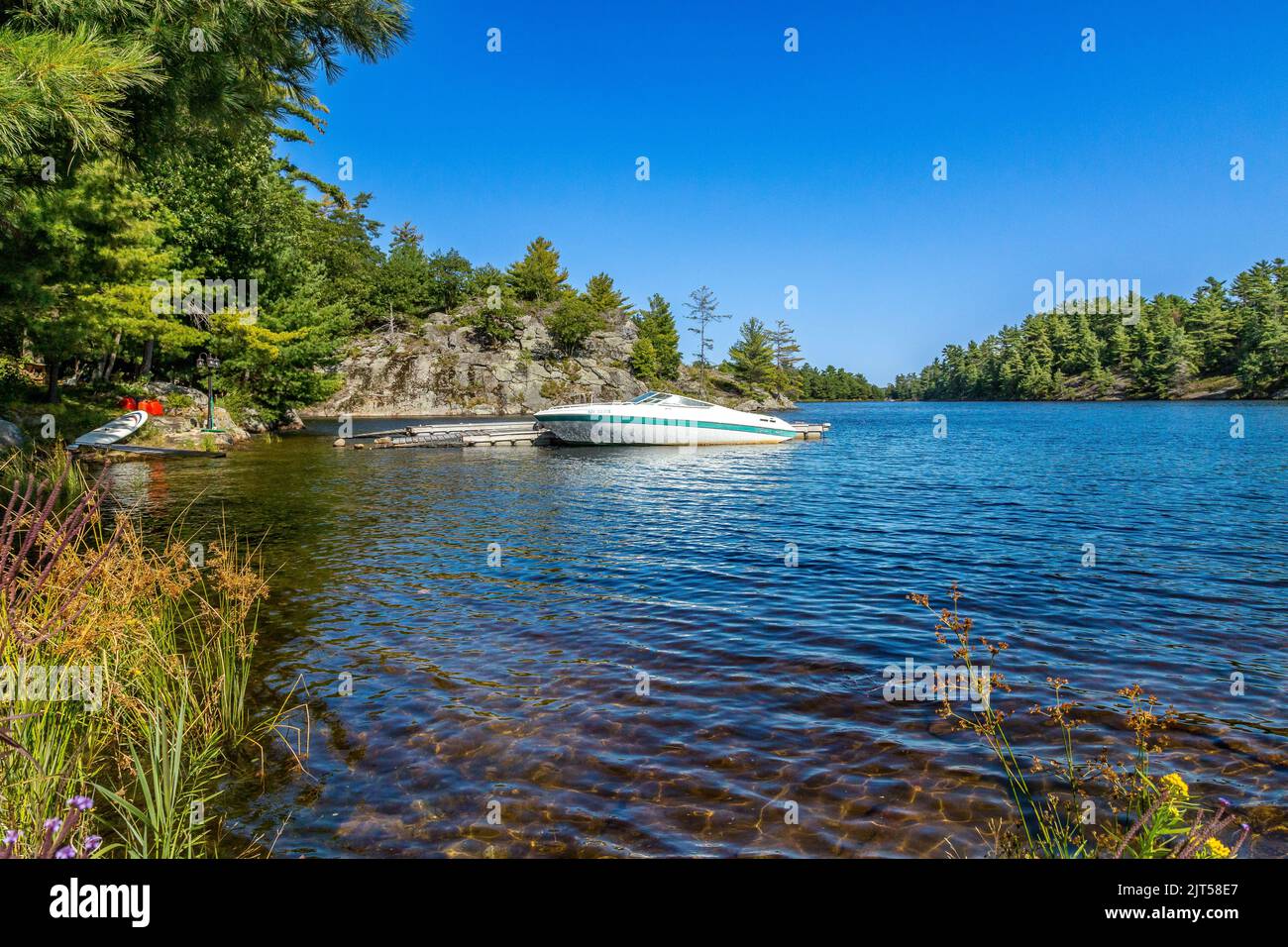 Speedboat on Georgian Bay, Ontario, Canada at Francis Island Stock Photo
