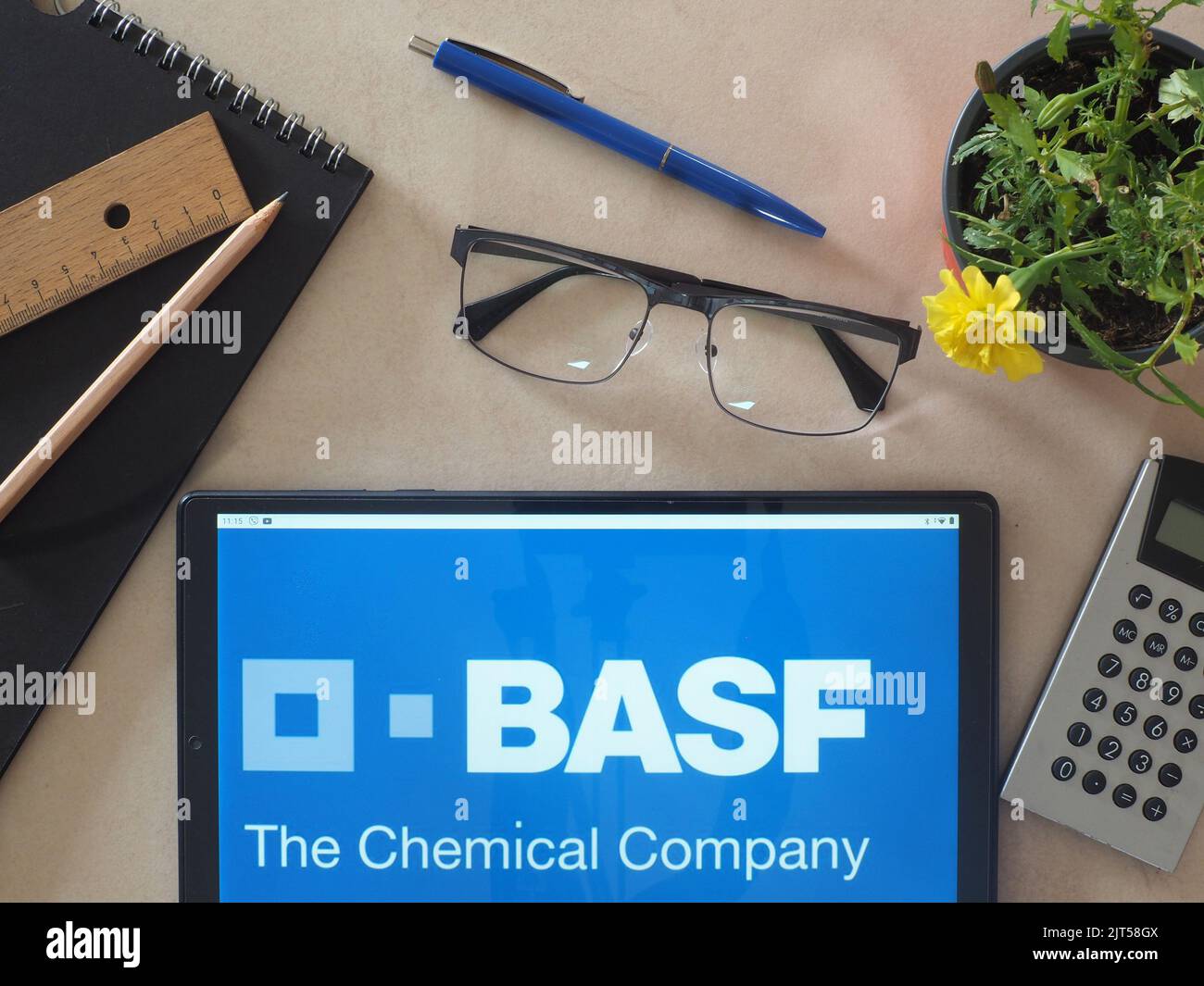 In this photo illustration,  BASF SE logo seen displayed on a tablet Stock Photo