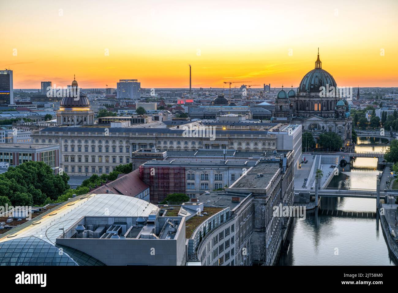 The river Spree and Berlin Mitte after sunset with the cathedral in the back Stock Photo