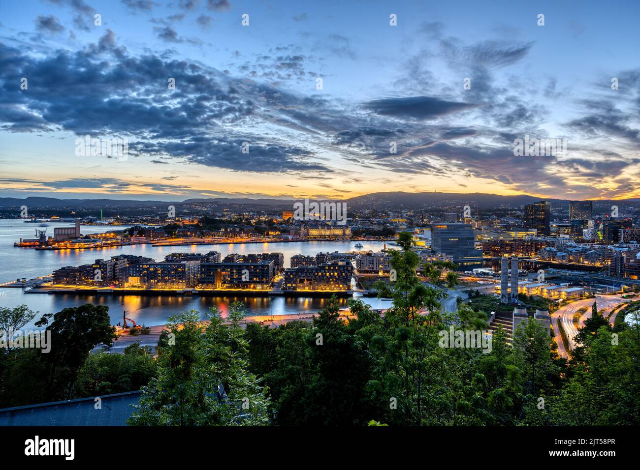 The lights of Oslo in Norway after sunset Stock Photo