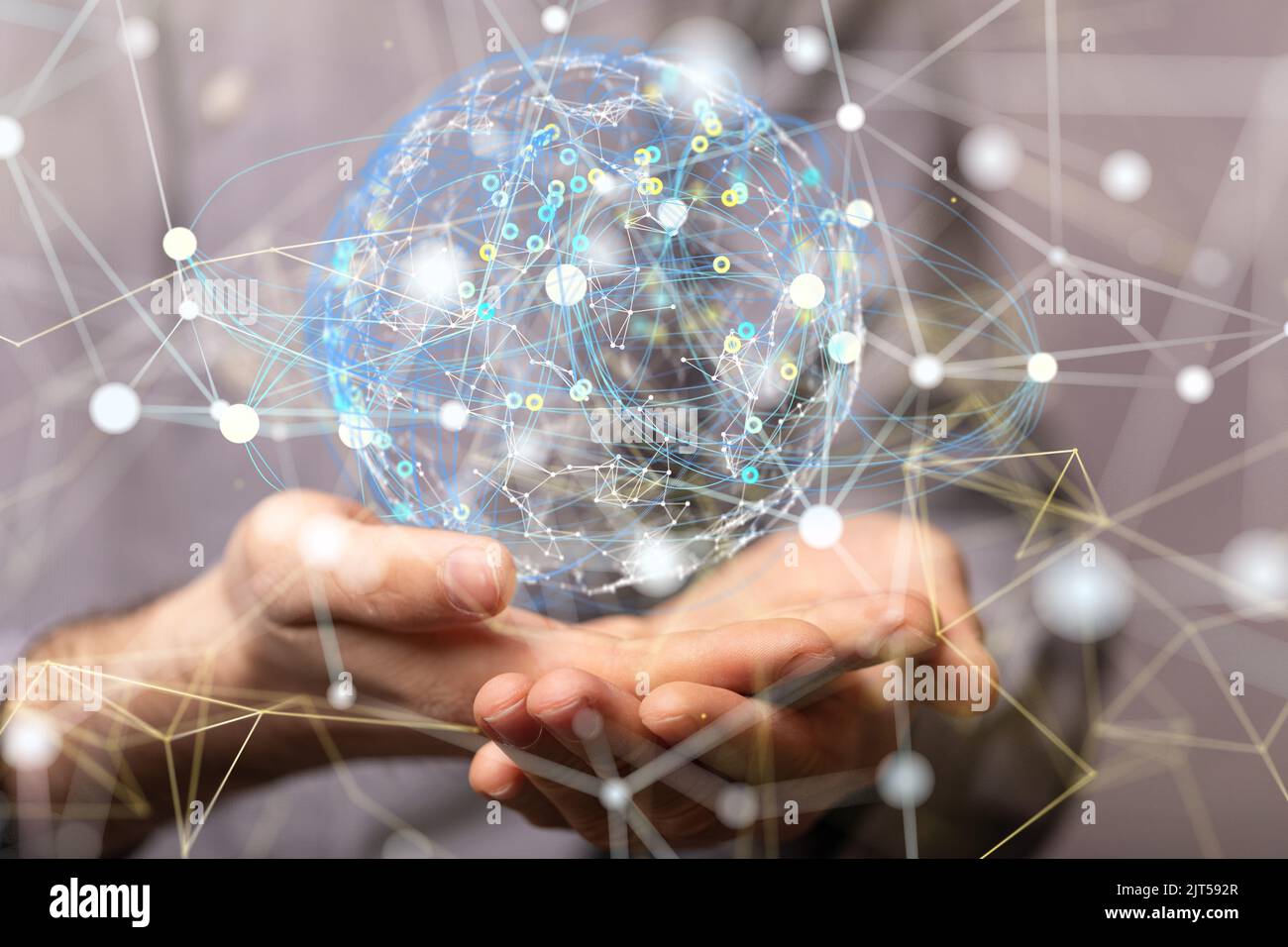 A 3D rendered world map hovering in mans hand Stock Photo - Alamy