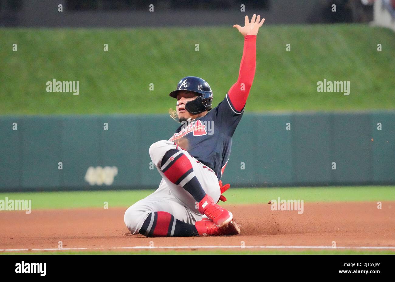 Atlanta Braves William Contreras slides into third base against the St. Louis Cardinals in the fourth inning at Busch Stadium in St. Louis on Saturday, August 27, 2022.  Photo by Bill Greenblatt/UPI Stock Photo