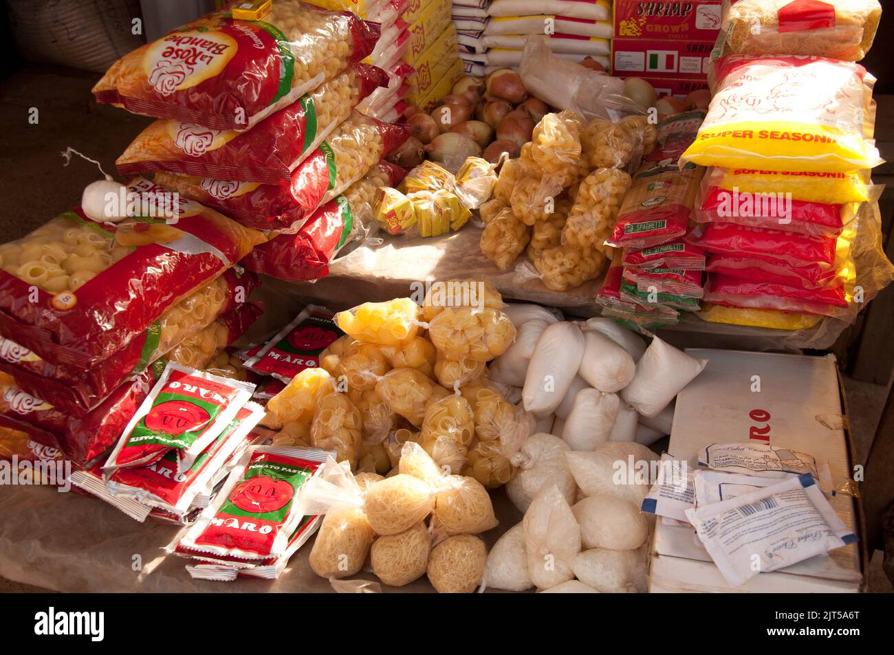 Grocery store, Zorzor Town Centre, Lofa County. Liberia, Africa pasta